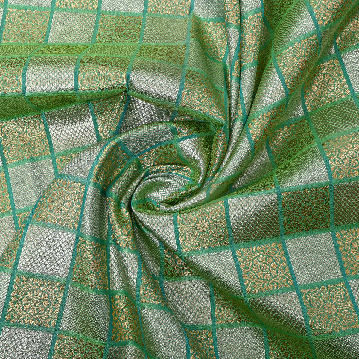 Sea Green Dual Tone Geometric Checks Jamawar Silk Fabric