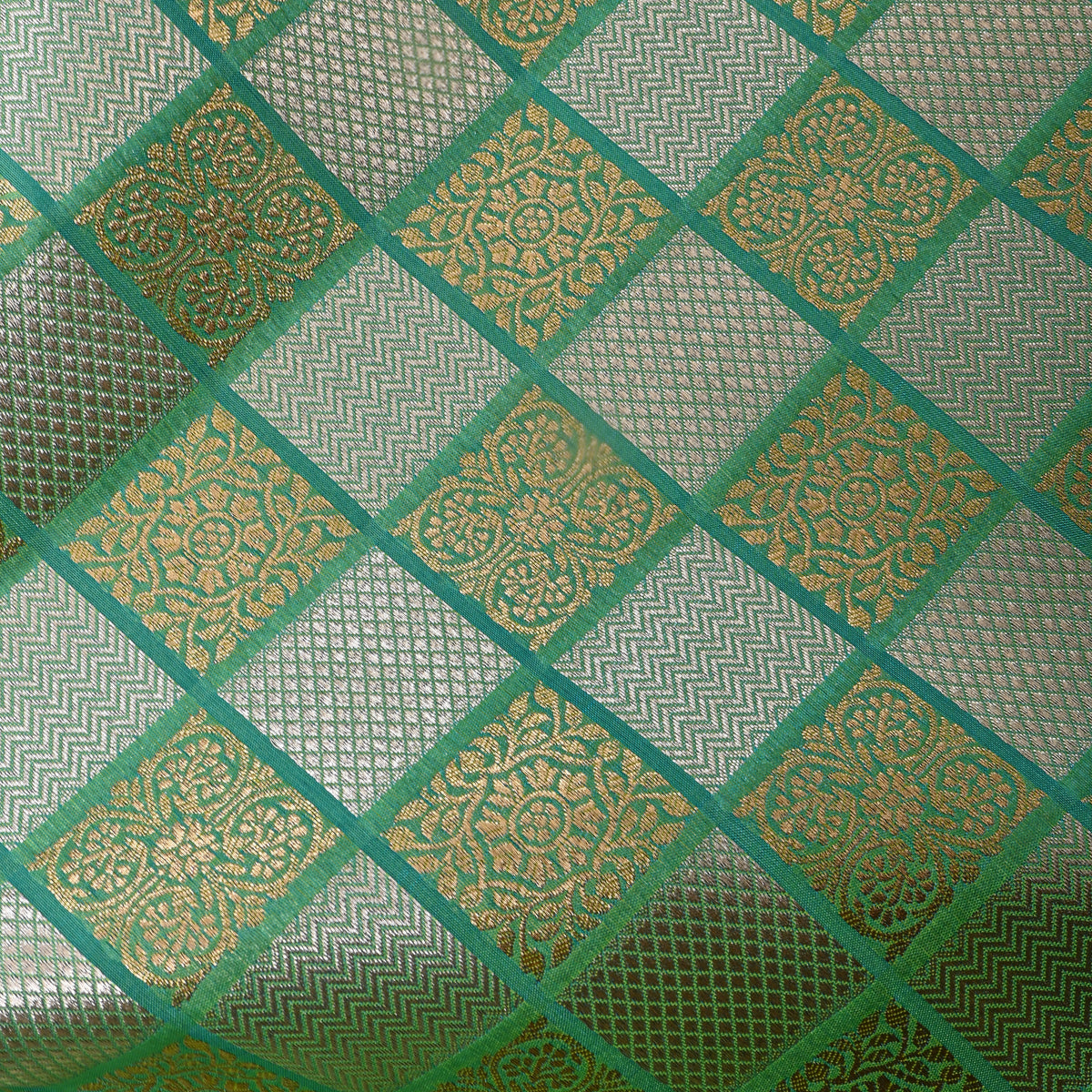 Sea Green Dual Tone Geometric Checks Jamawar Silk Fabric