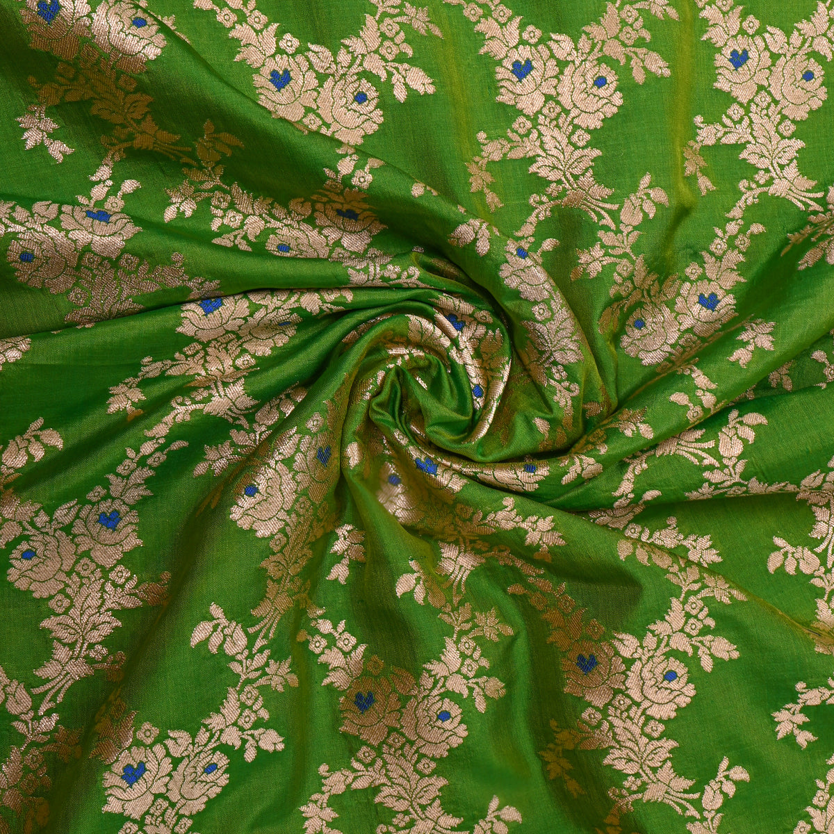 Grass Green Jamawar Silk With Gold Floral Trellis