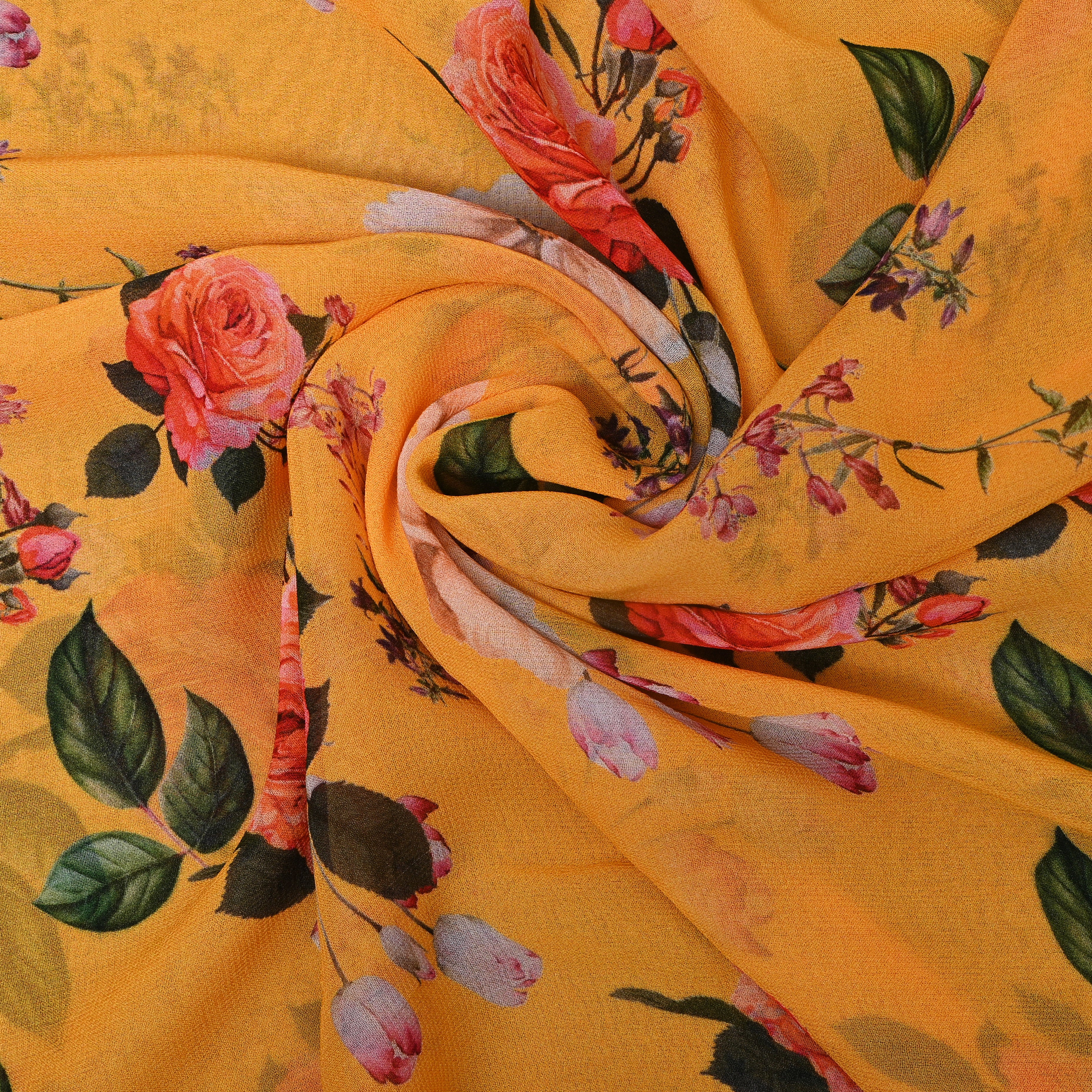Mustard Yellow Floral Digital Print Organza Fabric