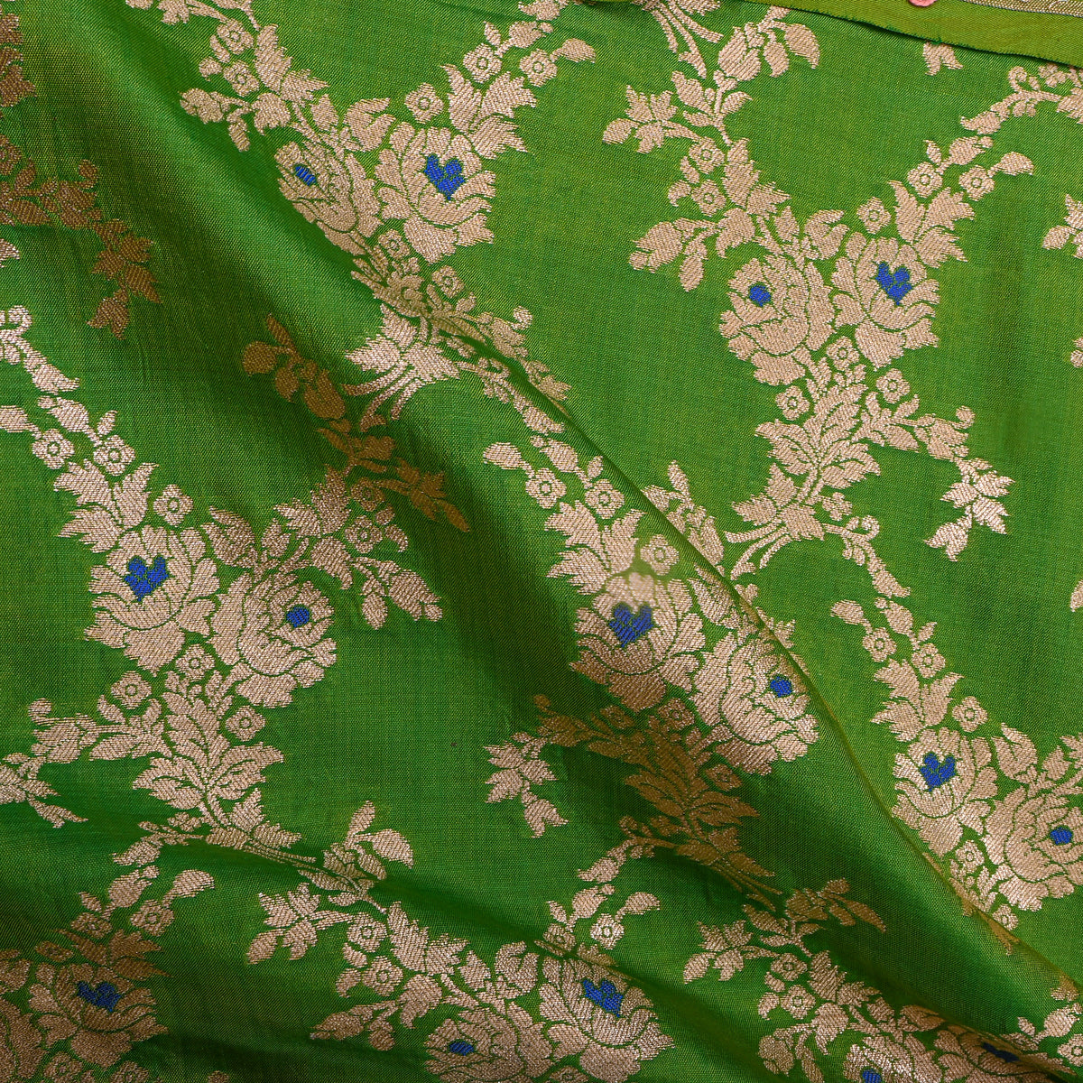 Grass Green Jamawar Silk With Gold Floral Trellis