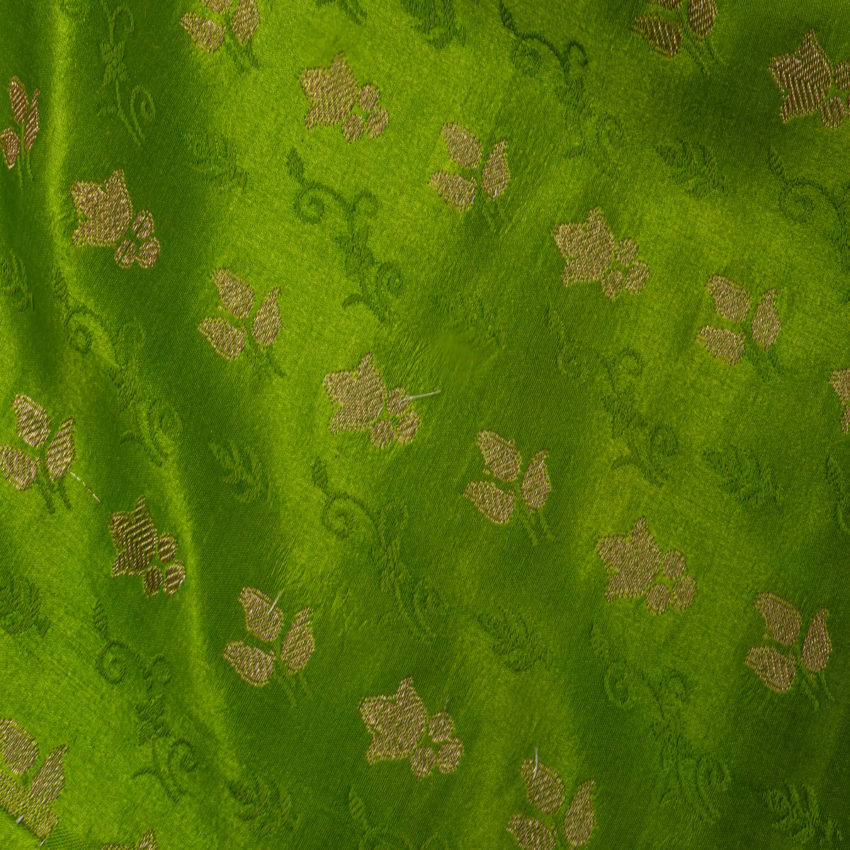 Parrot Green Gold Zari Floral Butti Jamawar Silk Fabric