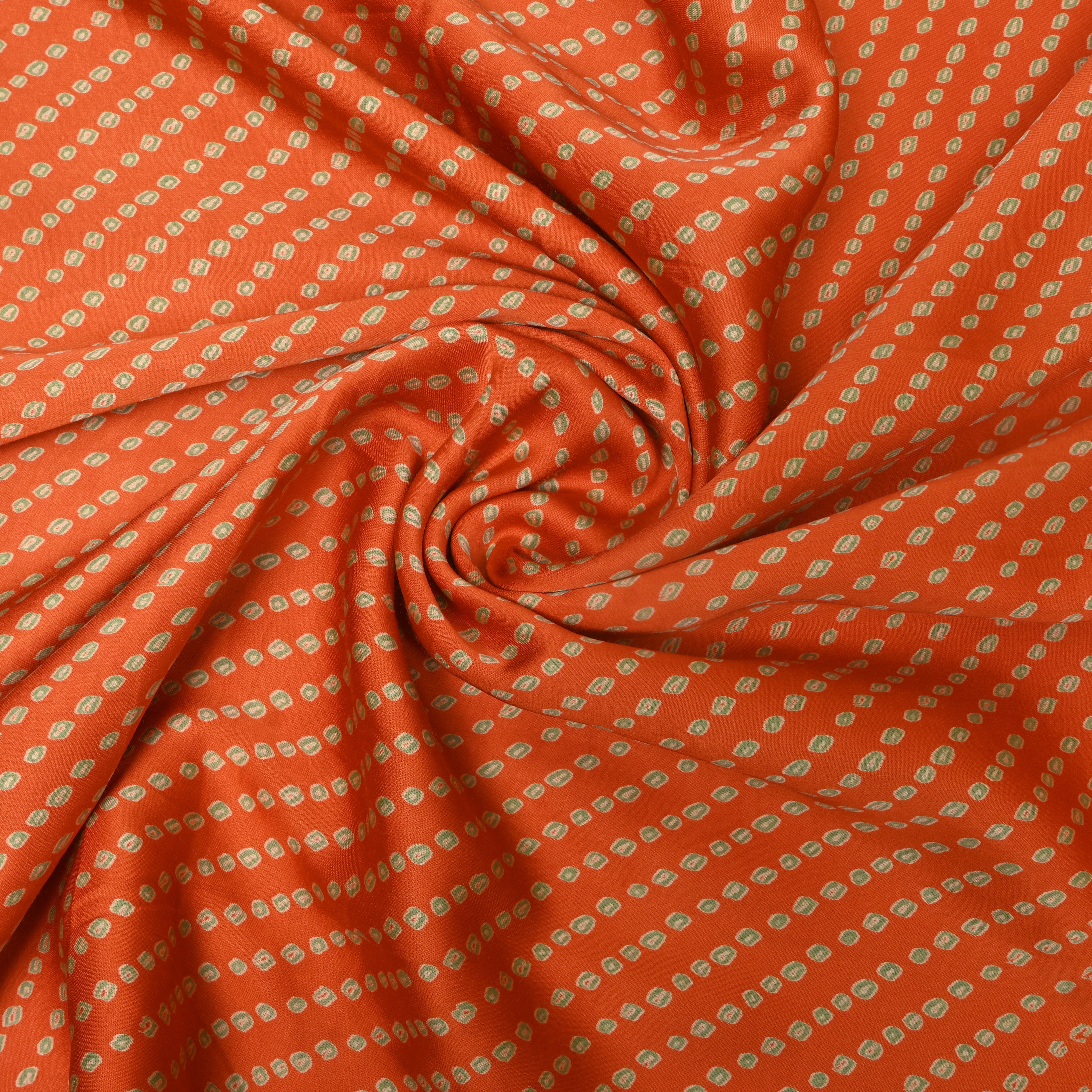 Orange Green Diagonal Bandhani Print Satin Fabric