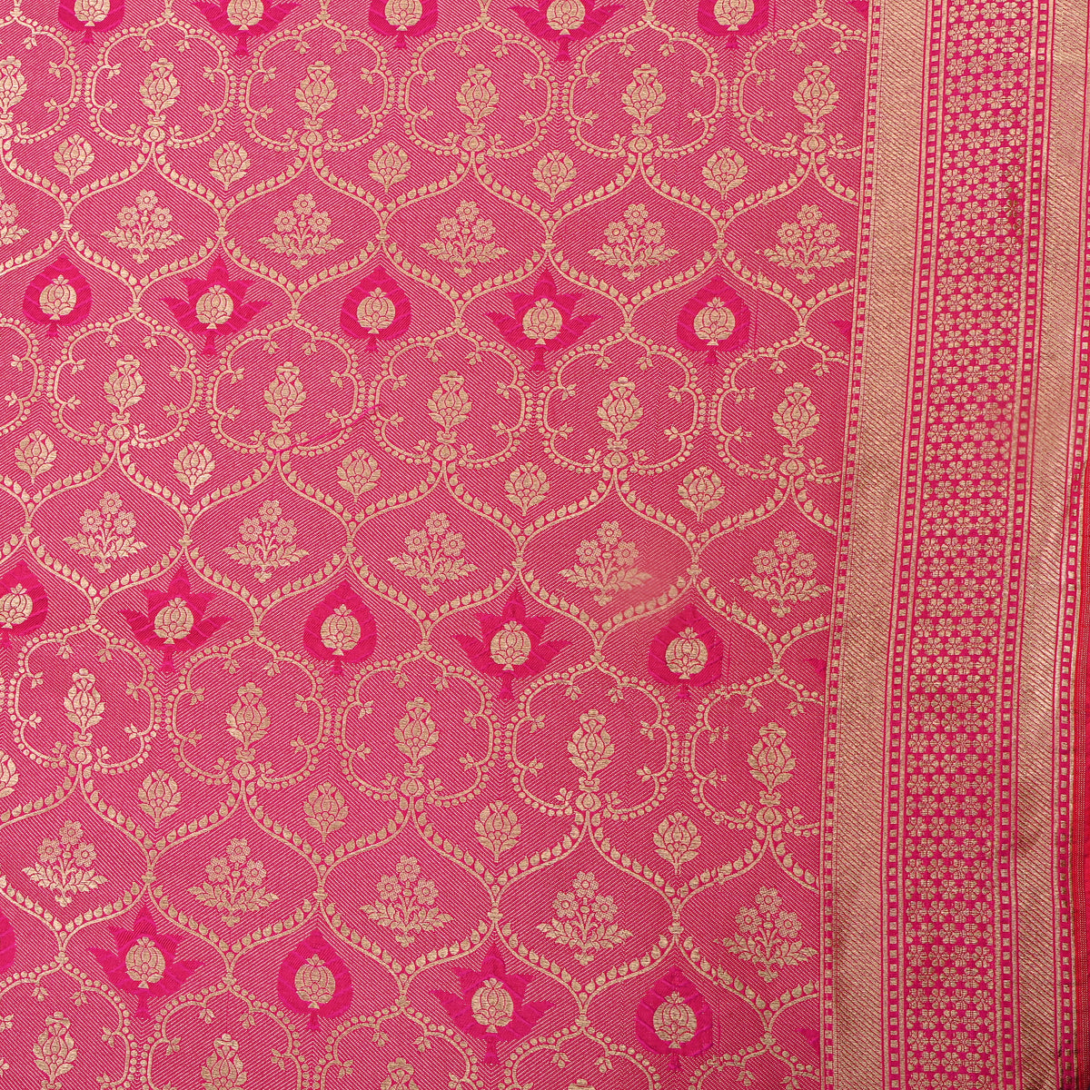 Rani Pink Gold Zari Weave Brocade Jamawar Silk Fabric