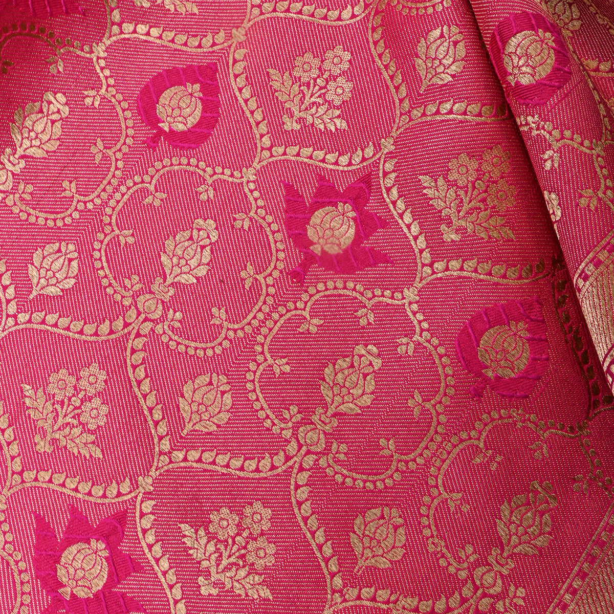 Rani Pink Gold Zari Weave Brocade Jamawar Silk Fabric