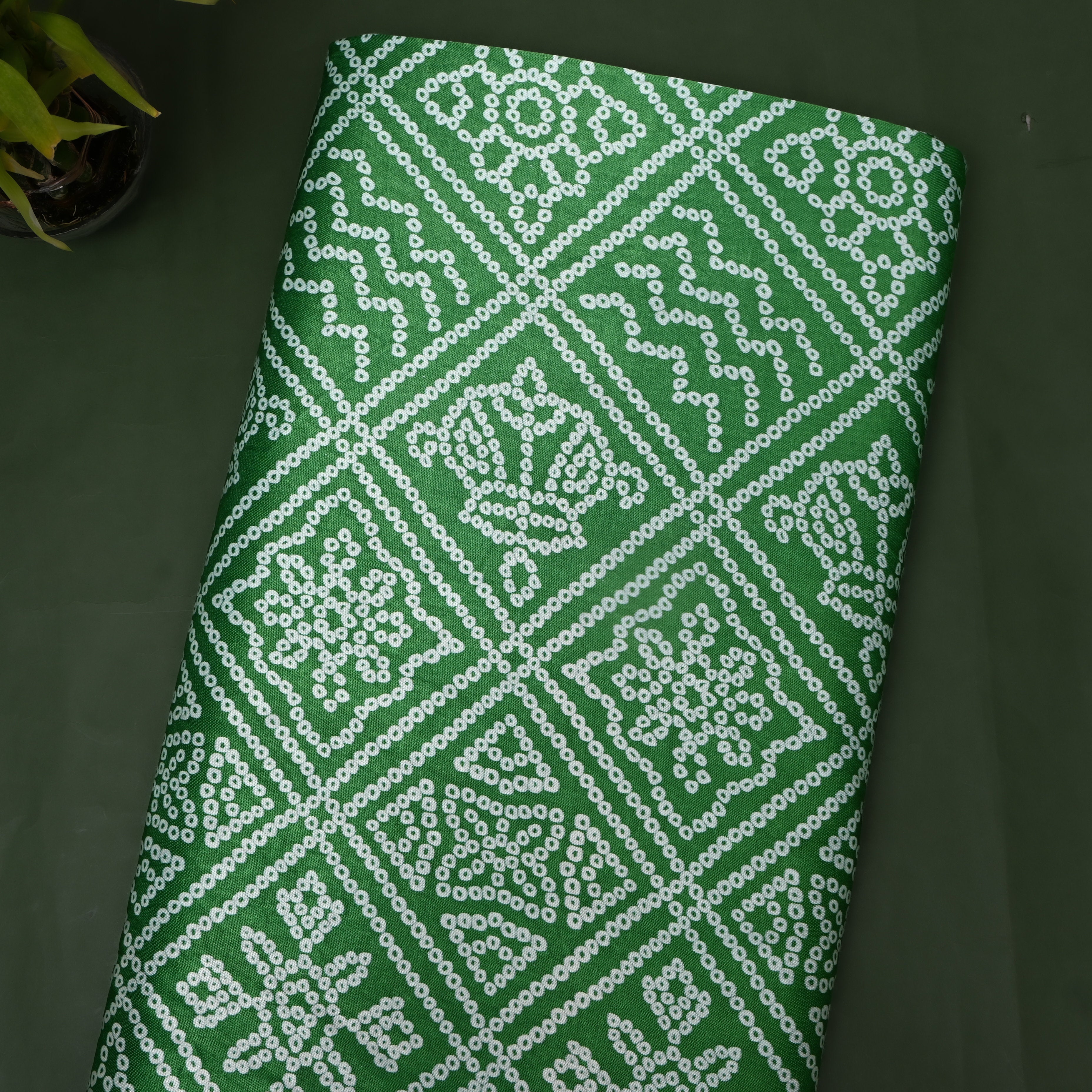 Green And White Geometric Bandhani Printed Satin Fabric