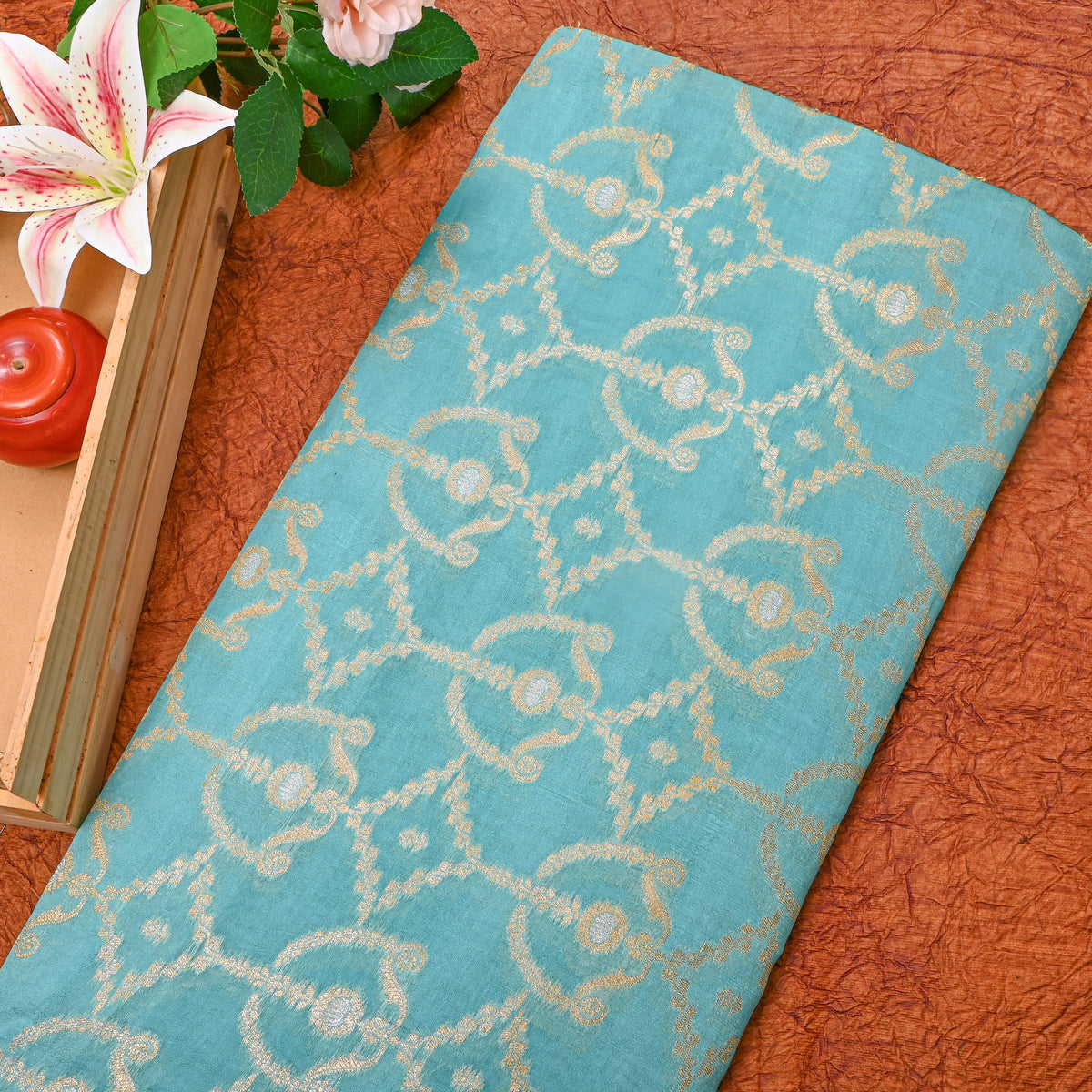 Blue Dual Tone Geometric Weave Jamawar Silk Fabric
