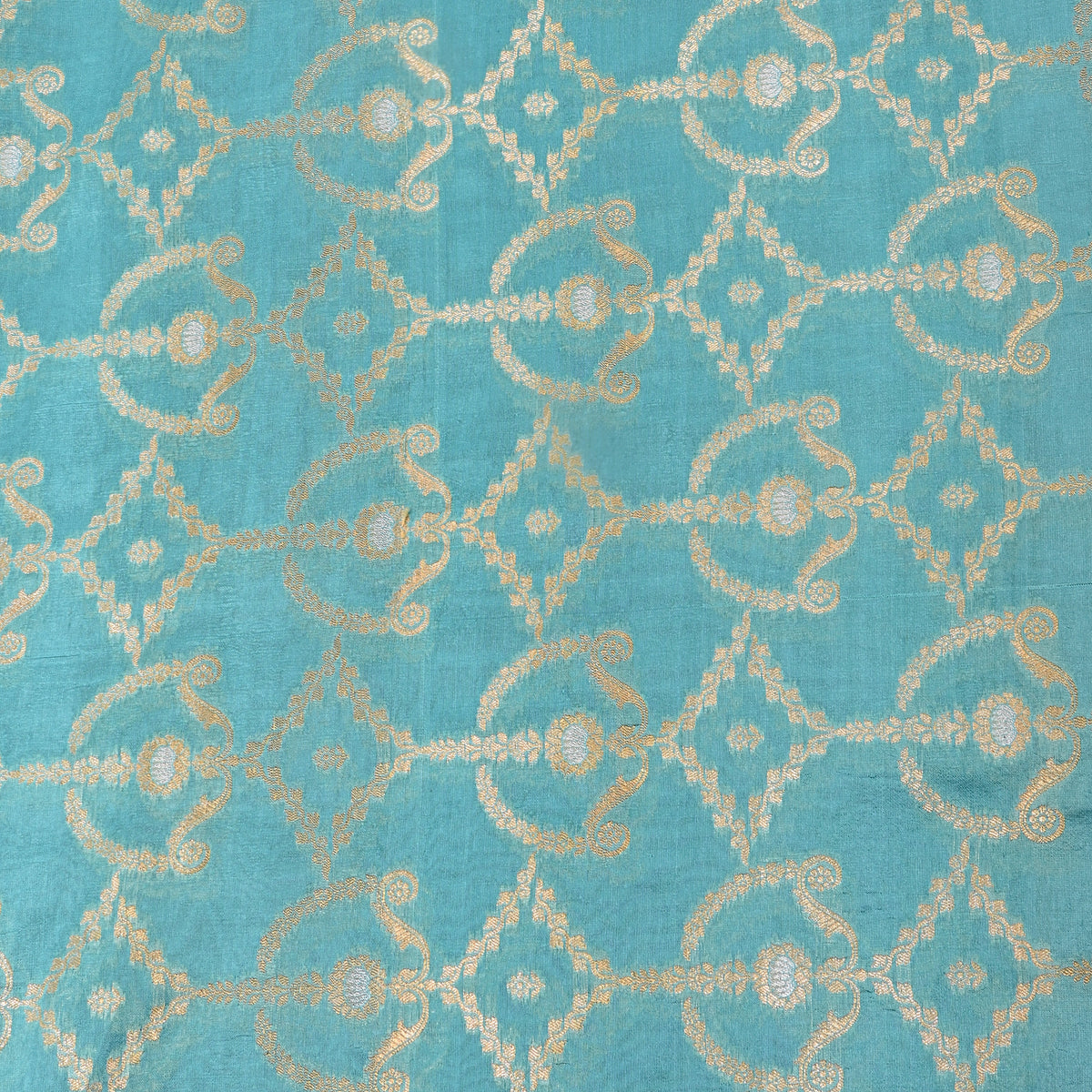 Blue Dual Tone Geometric Weave Jamawar Silk Fabric