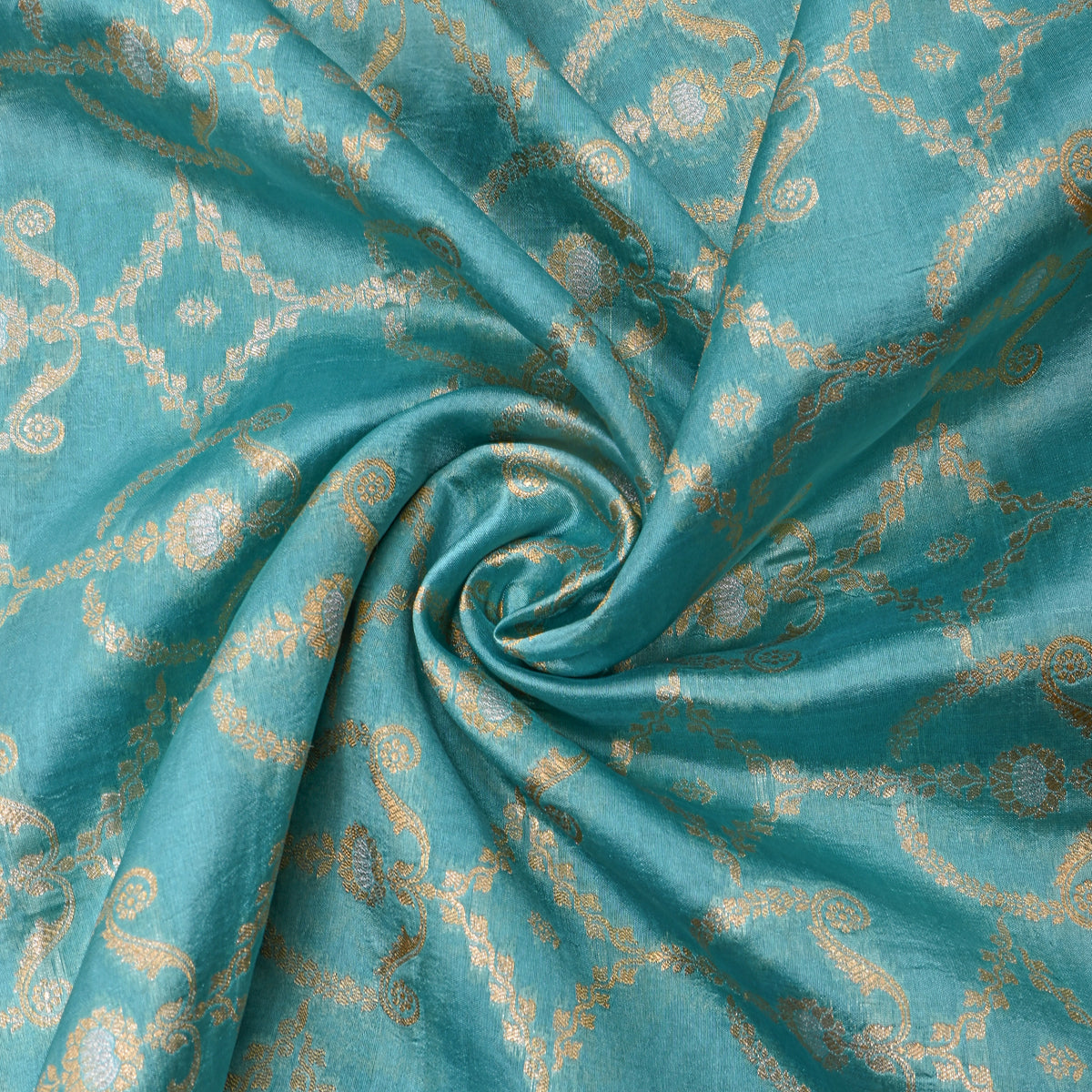 Blue Dual Tone Geometric Weave Jamawar Silk Fabric
