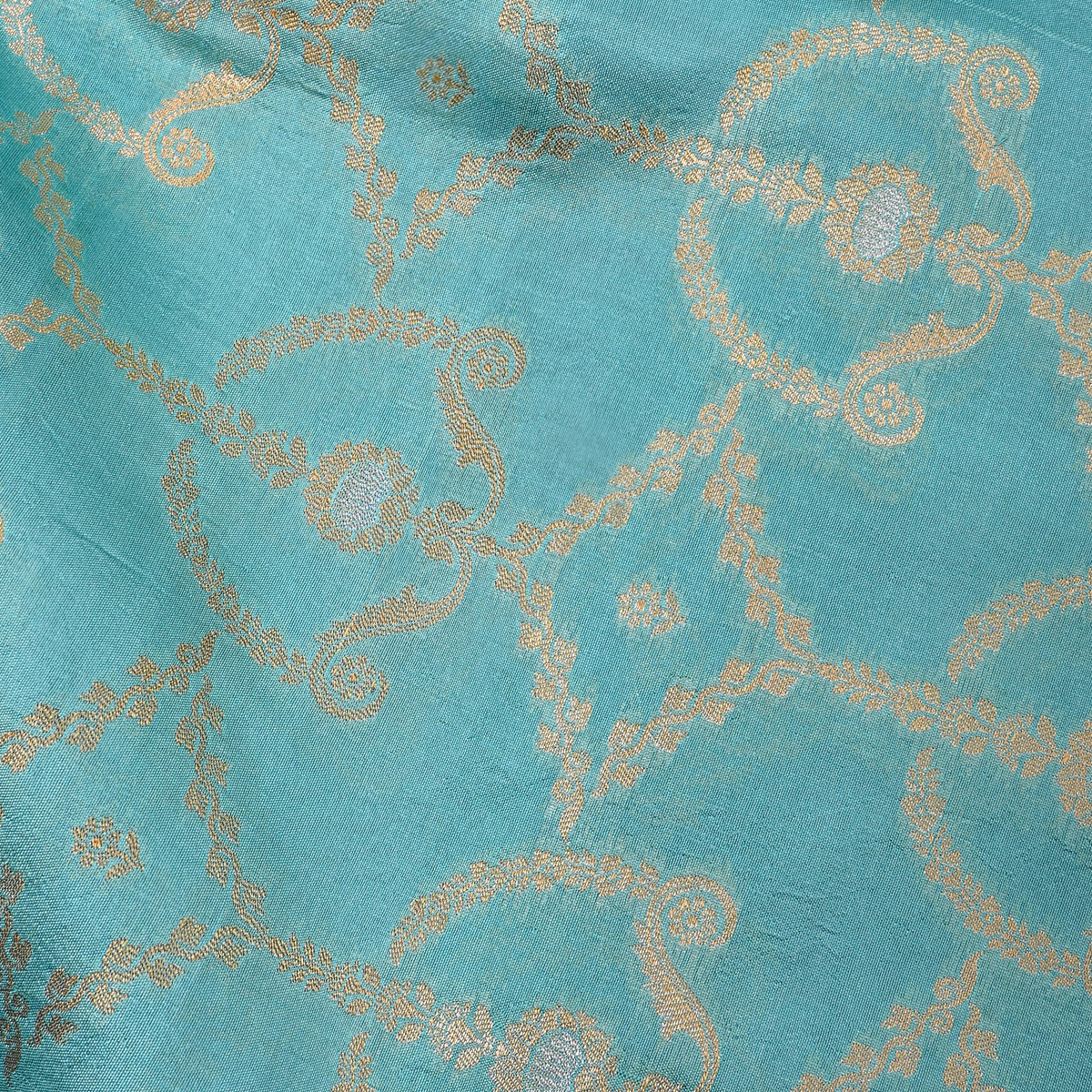 Blue Dual Tone Geometric Weave Jamawar Silk Fabric