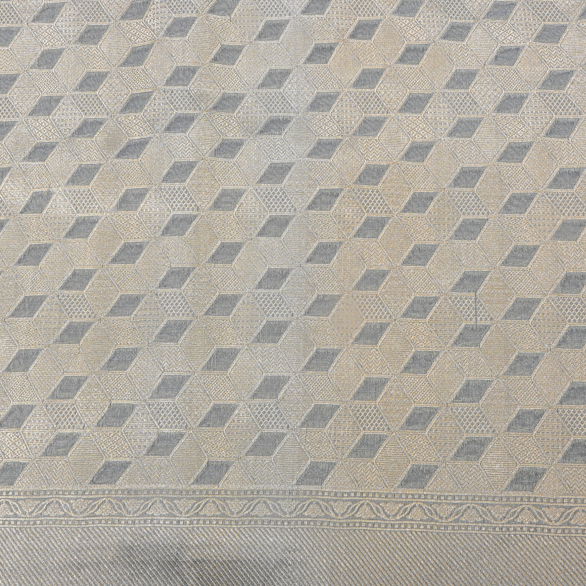 Silver Gray Geometric Weave Banarasi Silk Fabric