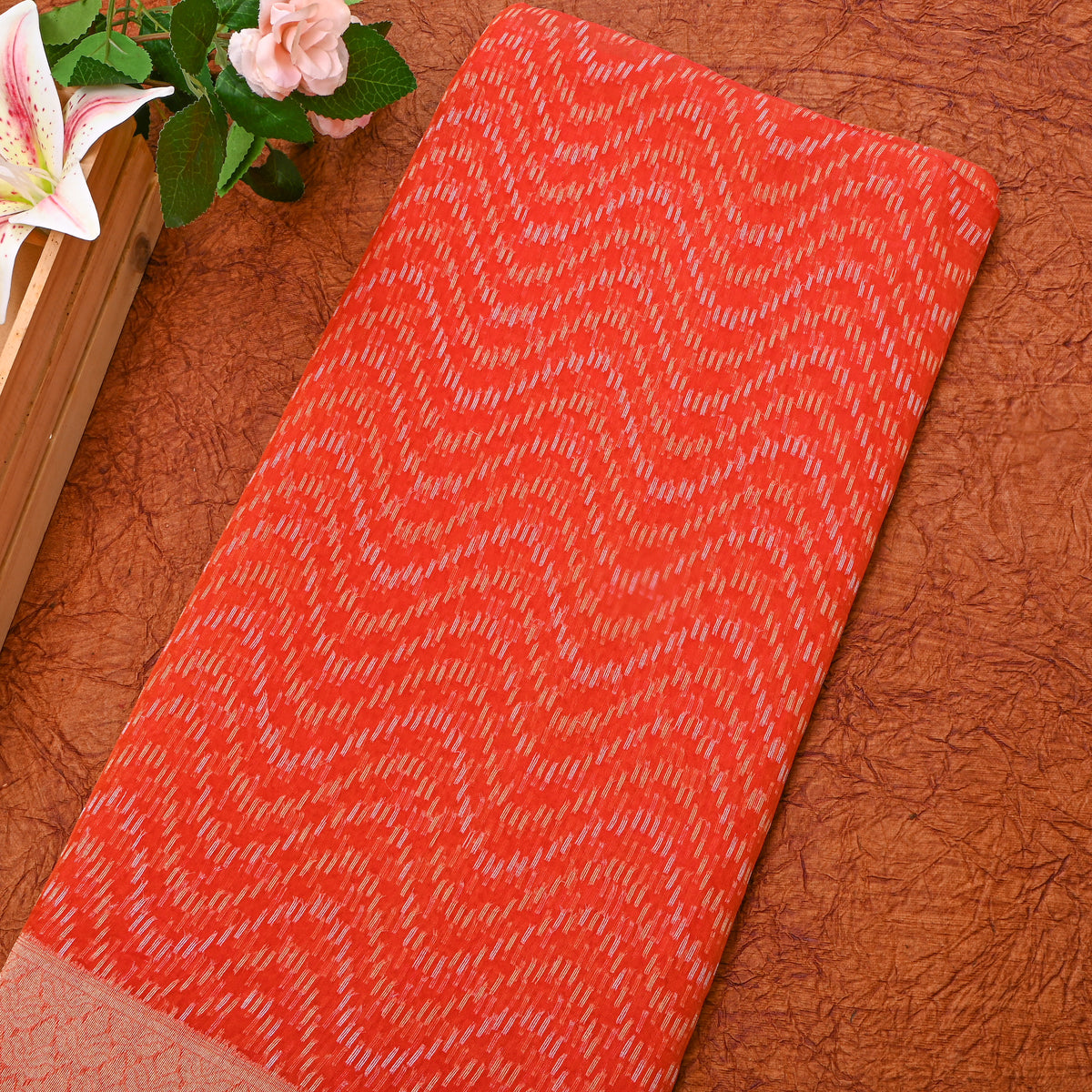 Vermilion Silver Zari Zigzag Weave Jamawar Silk Fabric