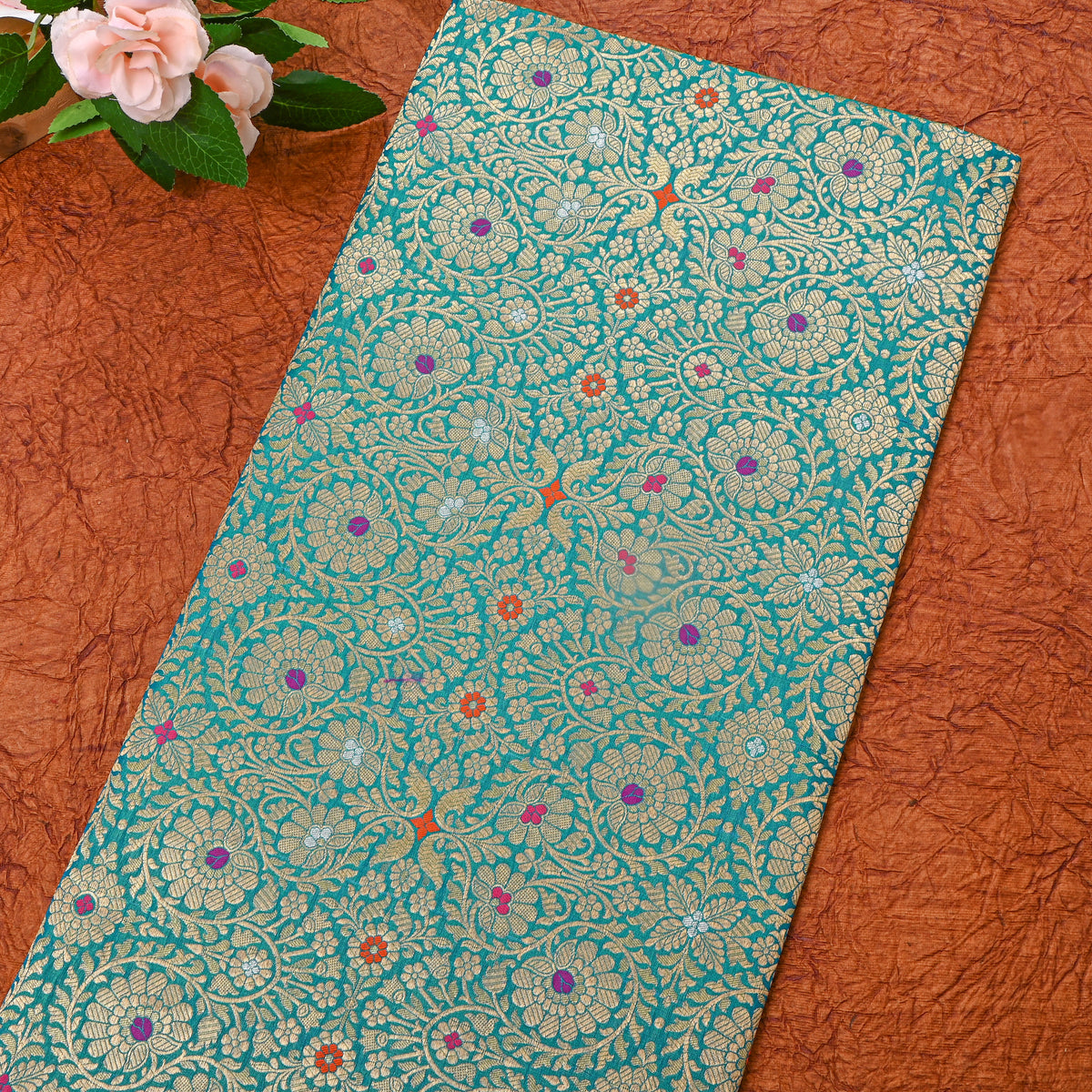 Peocock Green Gold Zari Meenakari Floral Weave Jamawar Silk Fabric