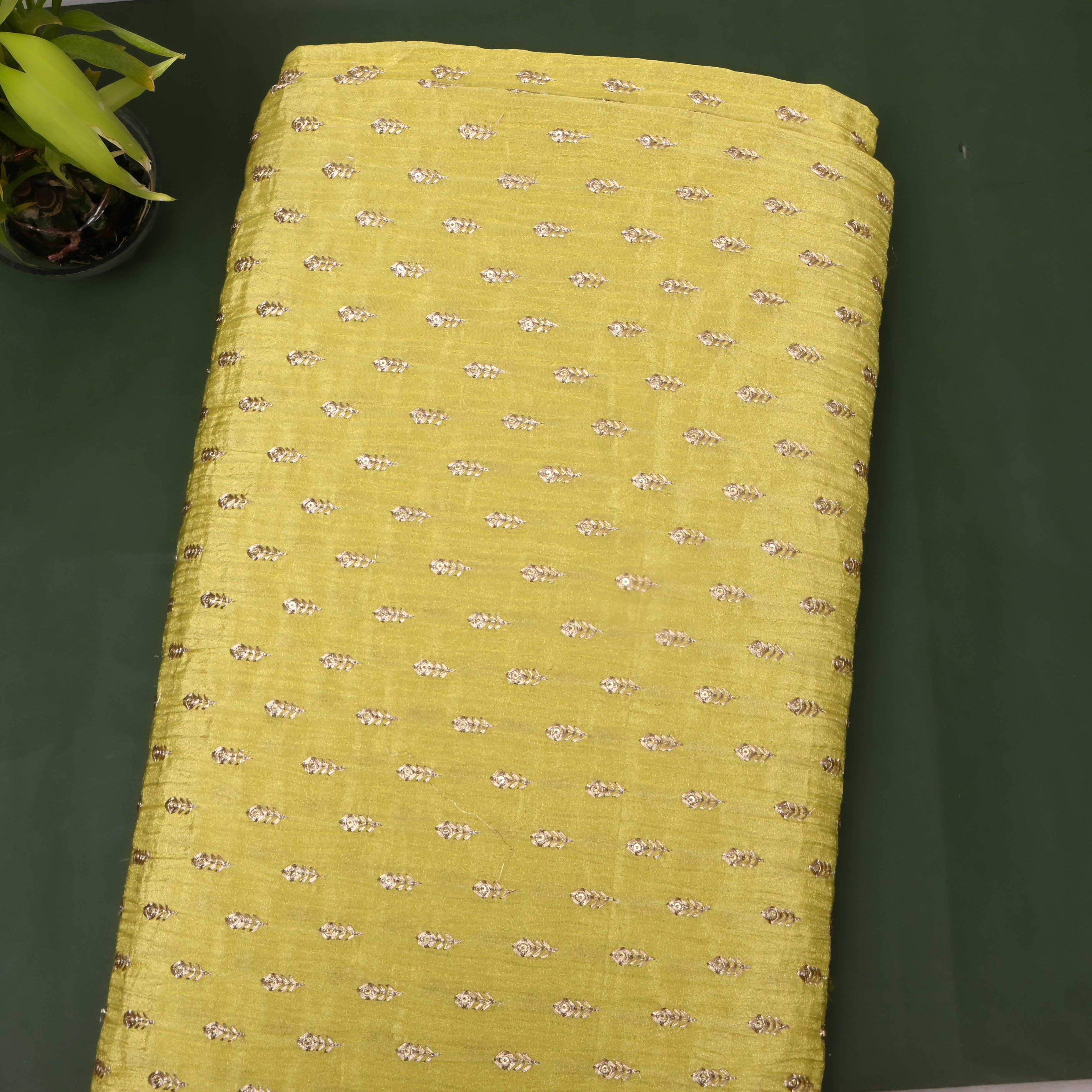 Olive Mustard Zari Buti Sequin Embroidery Tissue Fabric