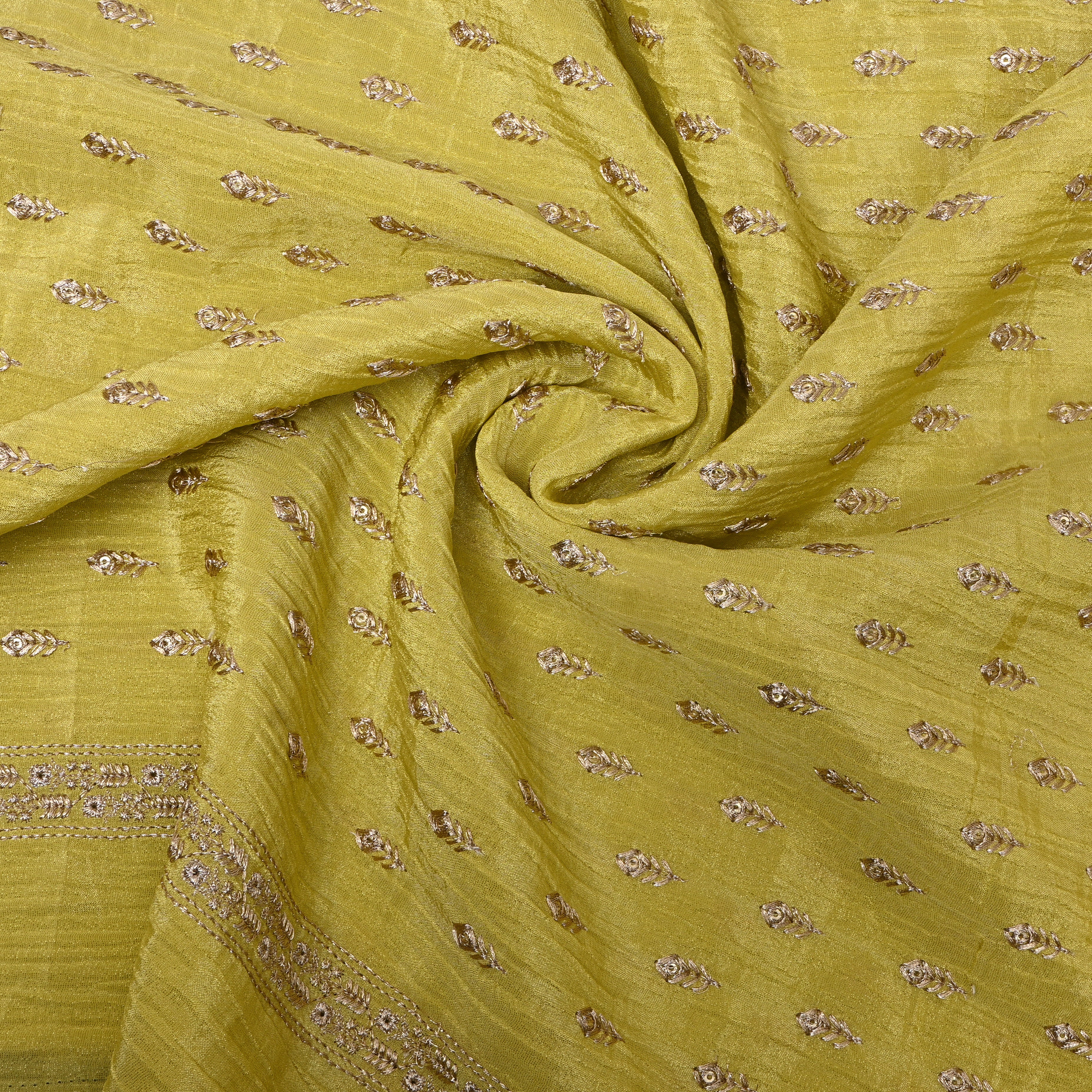 Olive Mustard Zari Buti Sequin Embroidery Tissue Fabric