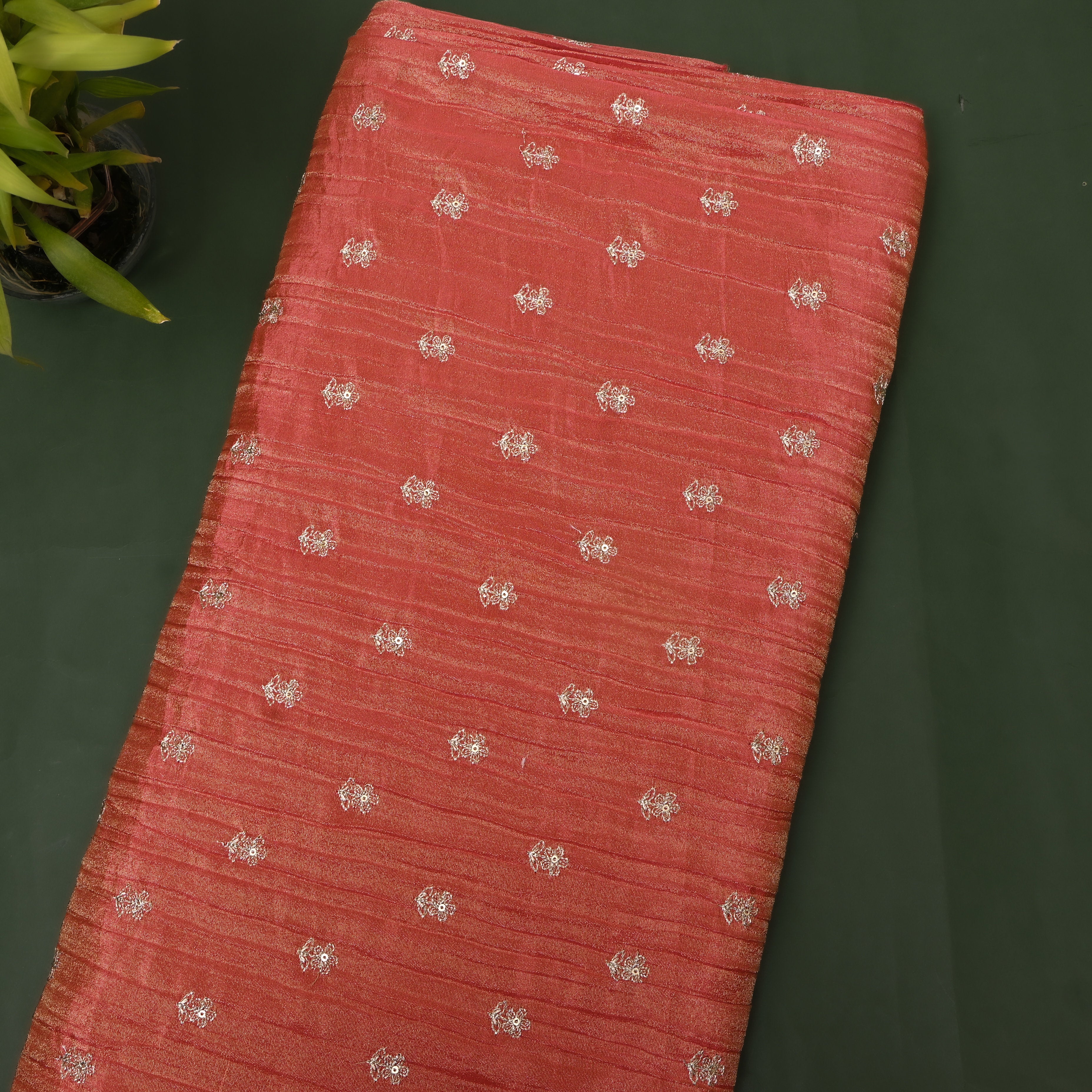 Coral Red Zari Buti Sequin Embroidery Tissue Fabric