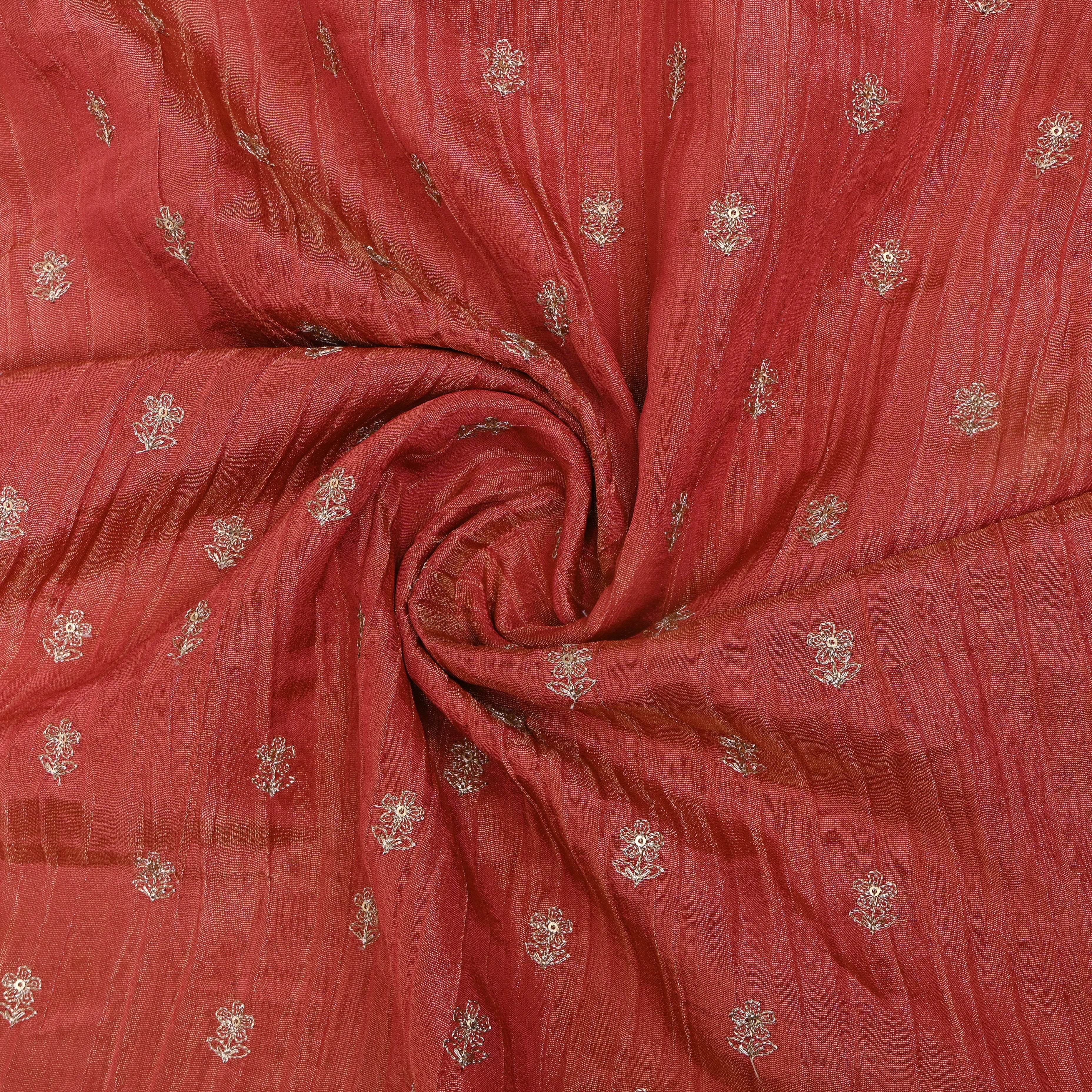 Coral Red Zari Buti Sequin Embroidery Tissue Fabric