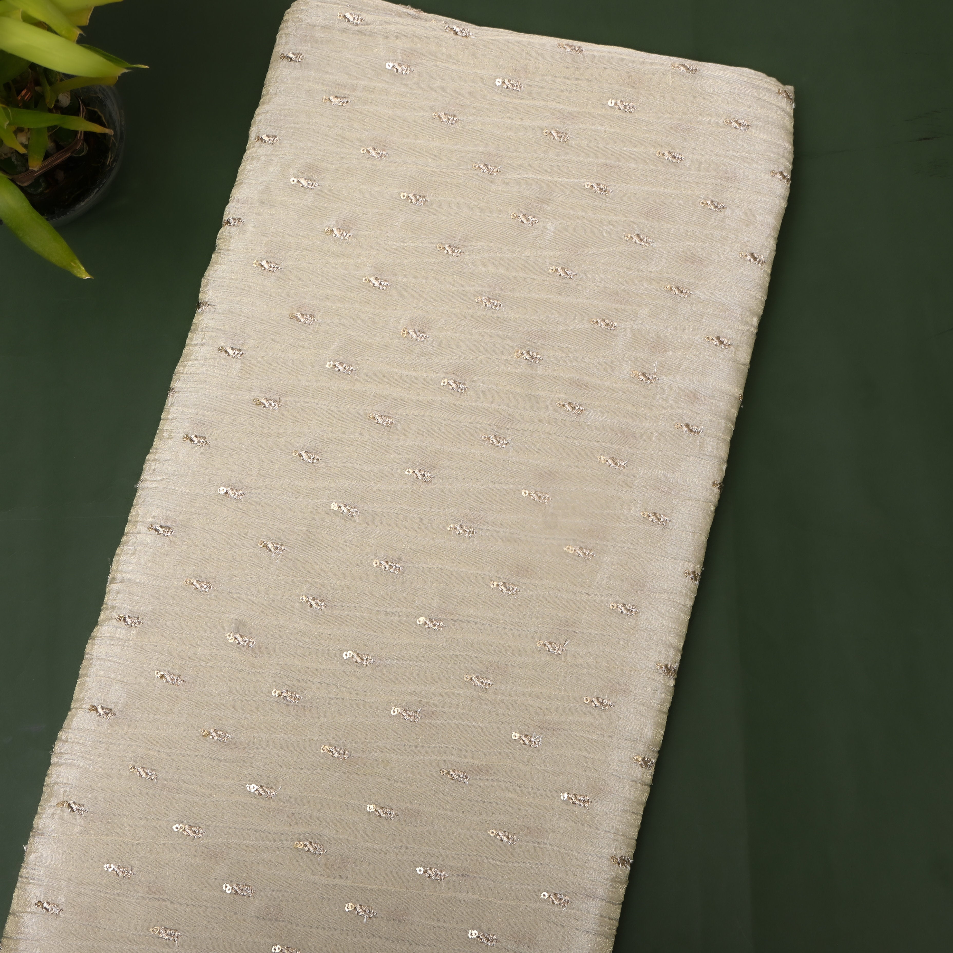 Sage Grey Zari Buti Sequin Embroidery Tissue Fabric