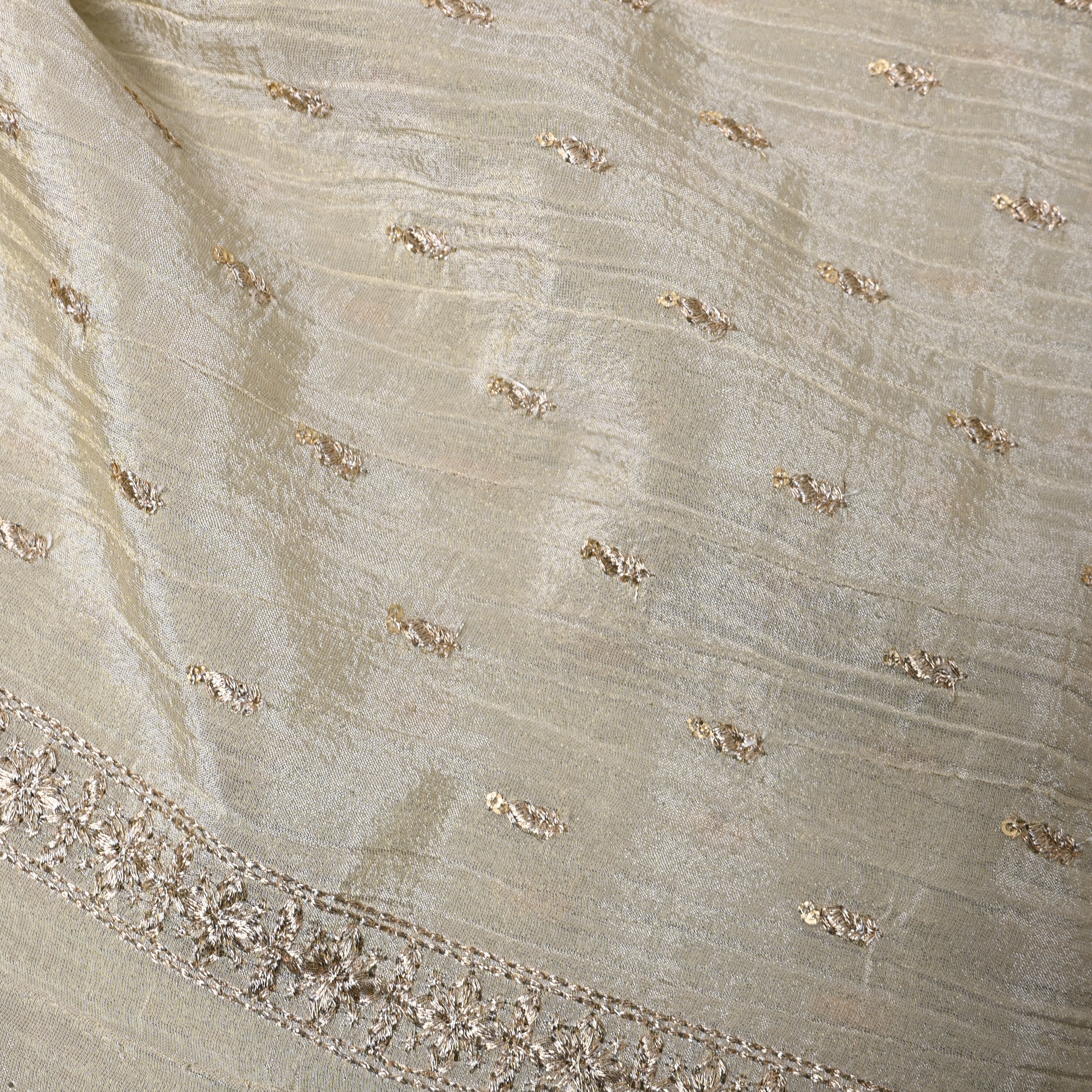 Sage Grey Zari Buti Sequin Embroidery Tissue Fabric