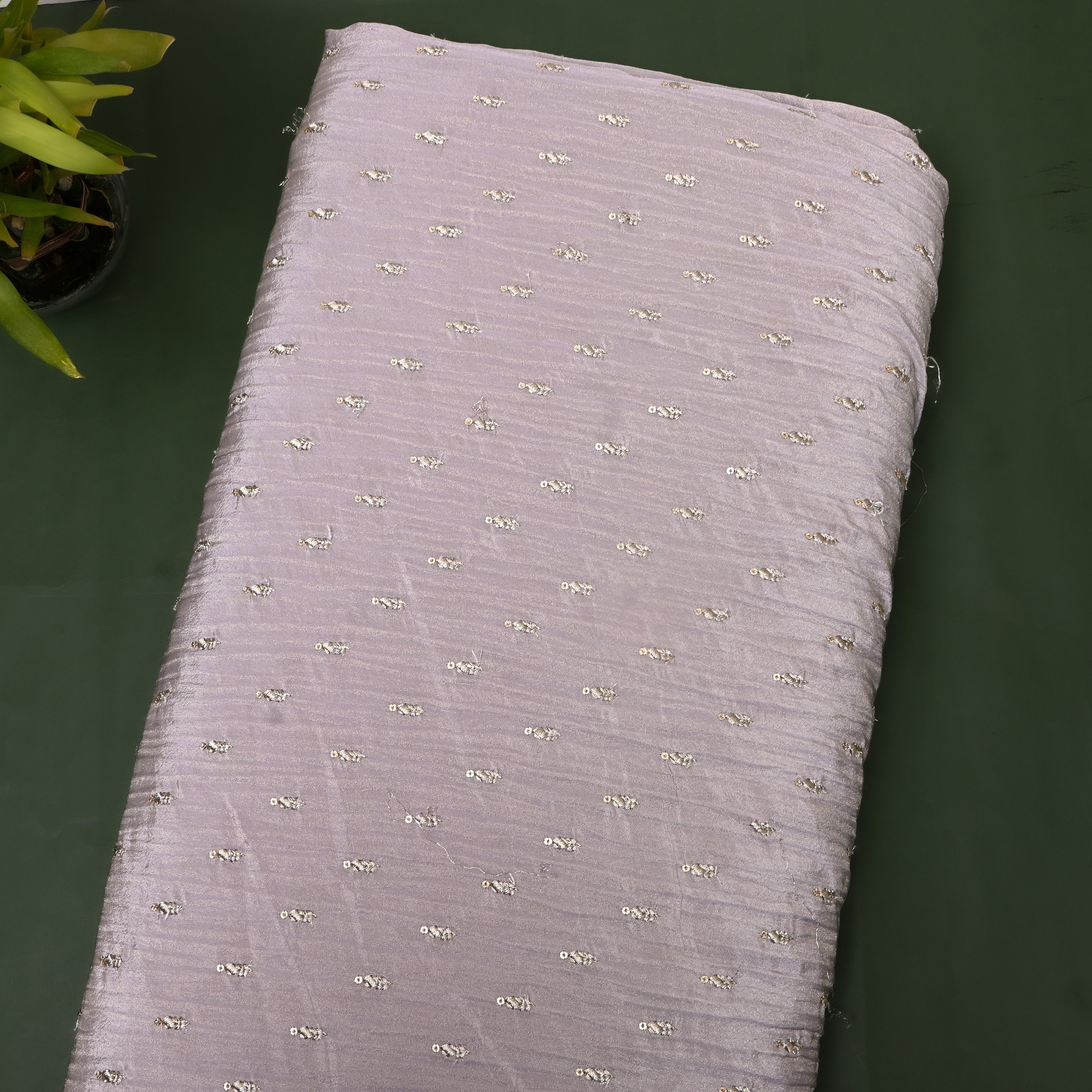 Mauve Grey Zari Buti Sequin Embroidery Tissue Fabric