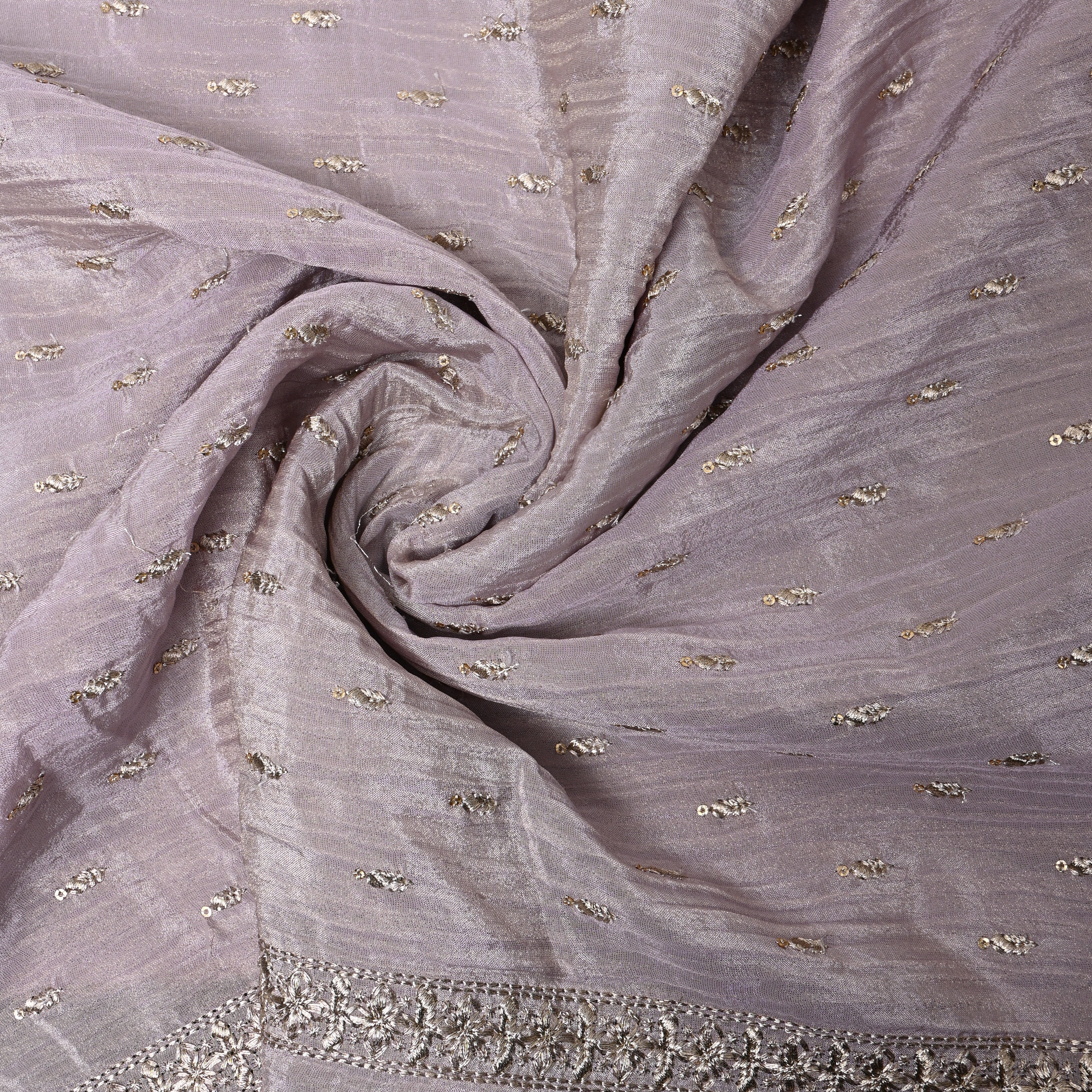Mauve Grey Zari Buti Sequin Embroidery Tissue Fabric