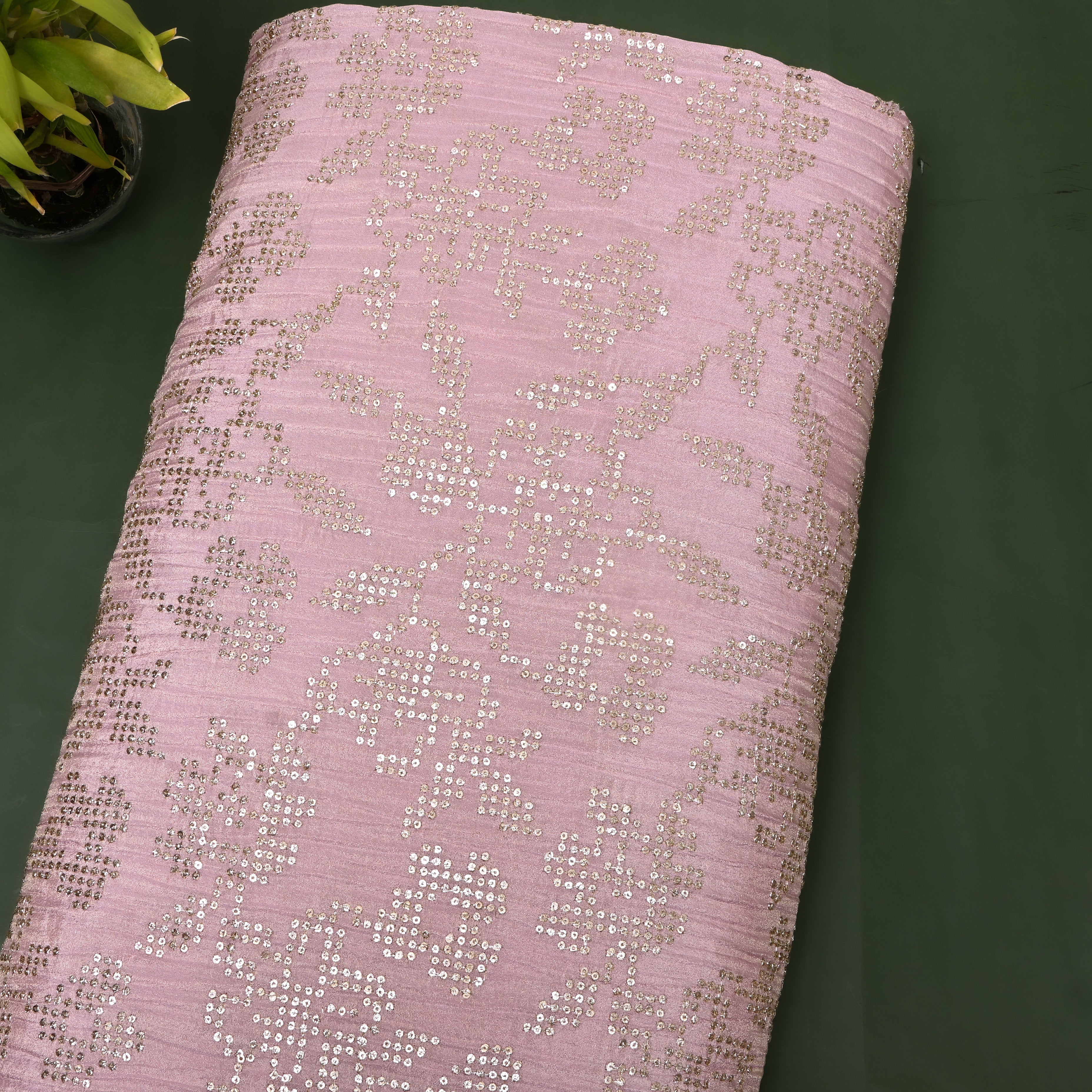 Mauve Pink Geometric Sequin Embroidery Tissue Fabric