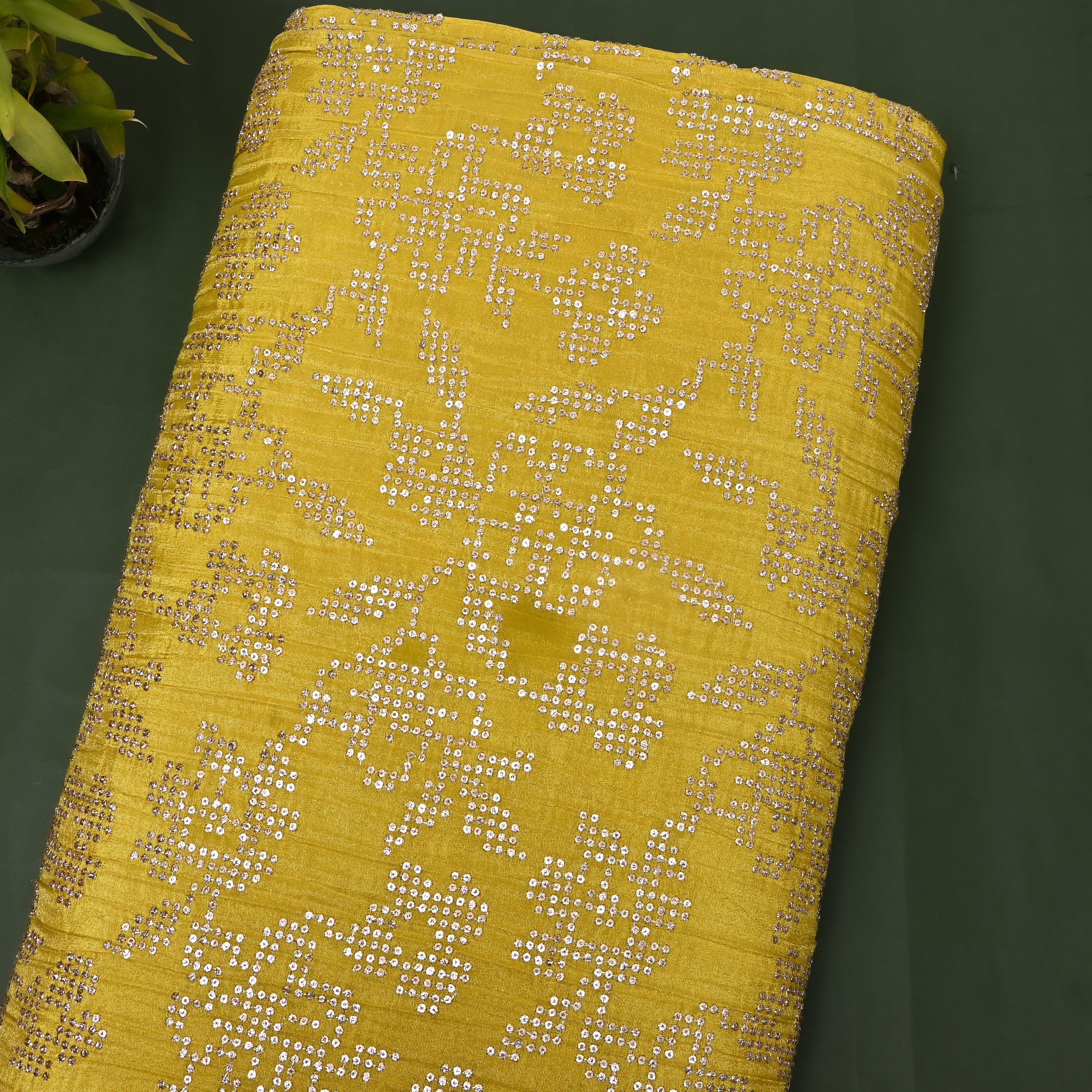 Mustard Yellow Sequin Embroidered Tissue Fabric