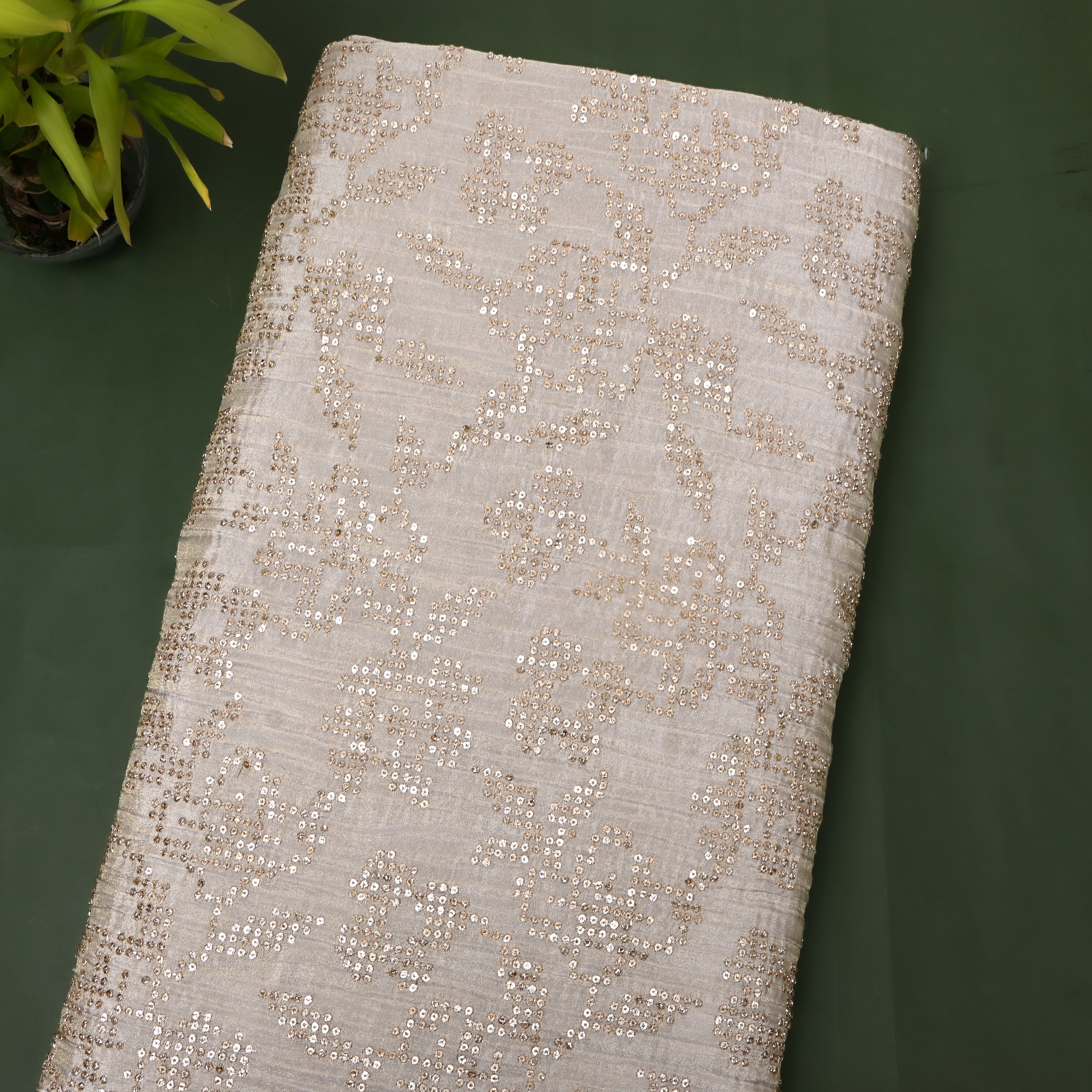 Grey Sequin Embroidered Jaal Tissue Fabric