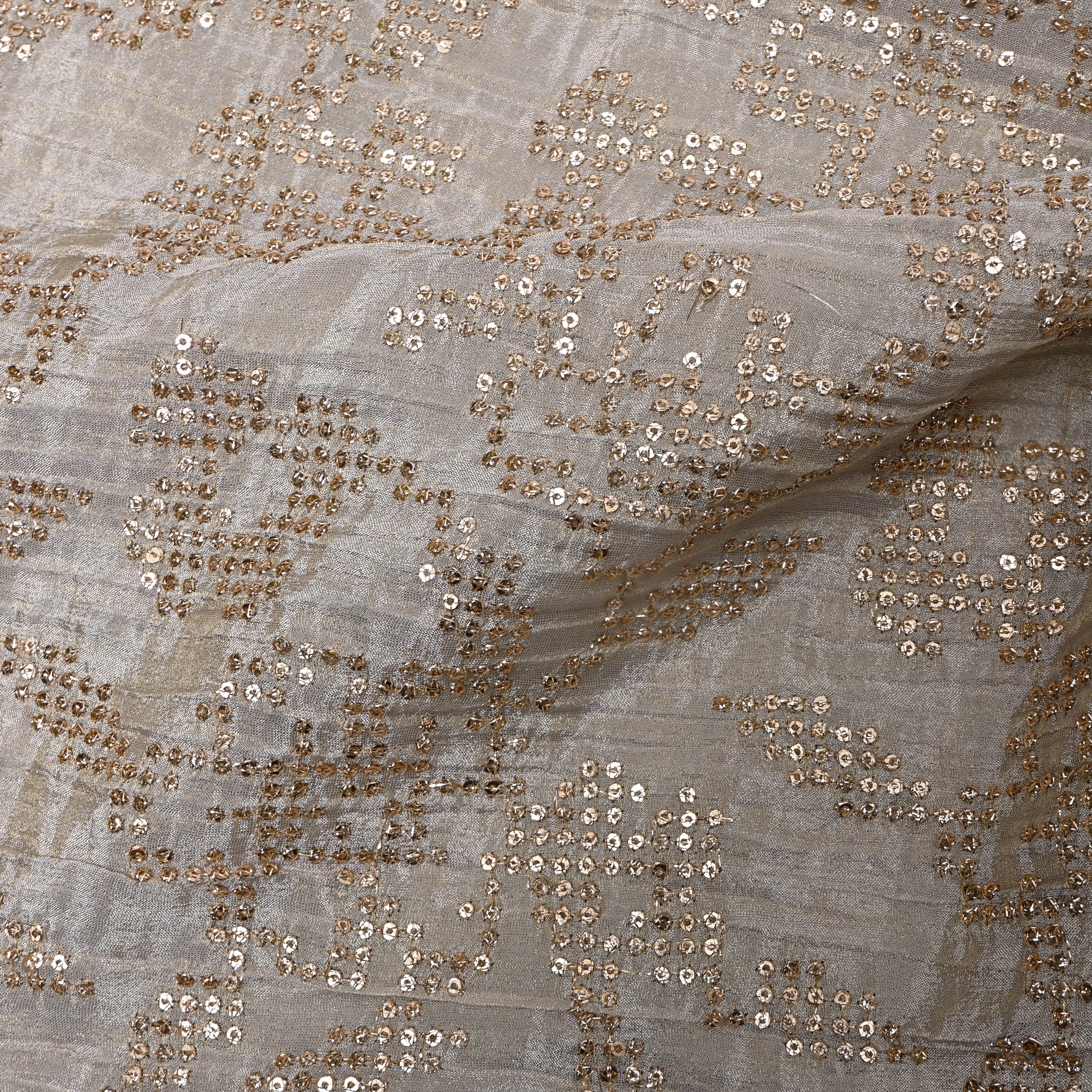 Grey Sequin Embroidered Jaal Tissue Fabric