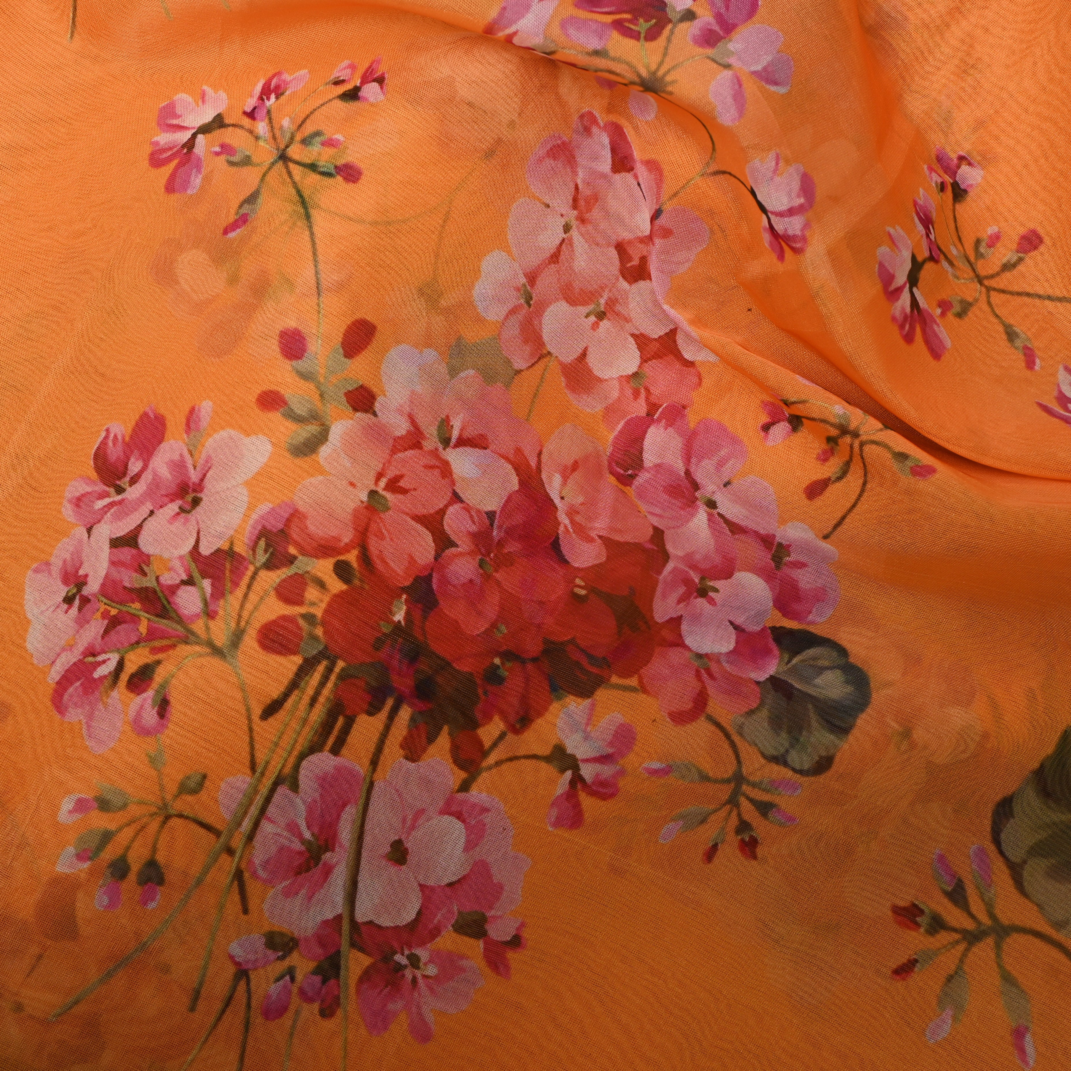 Marigold Orange Geranium Print Organza Fabric