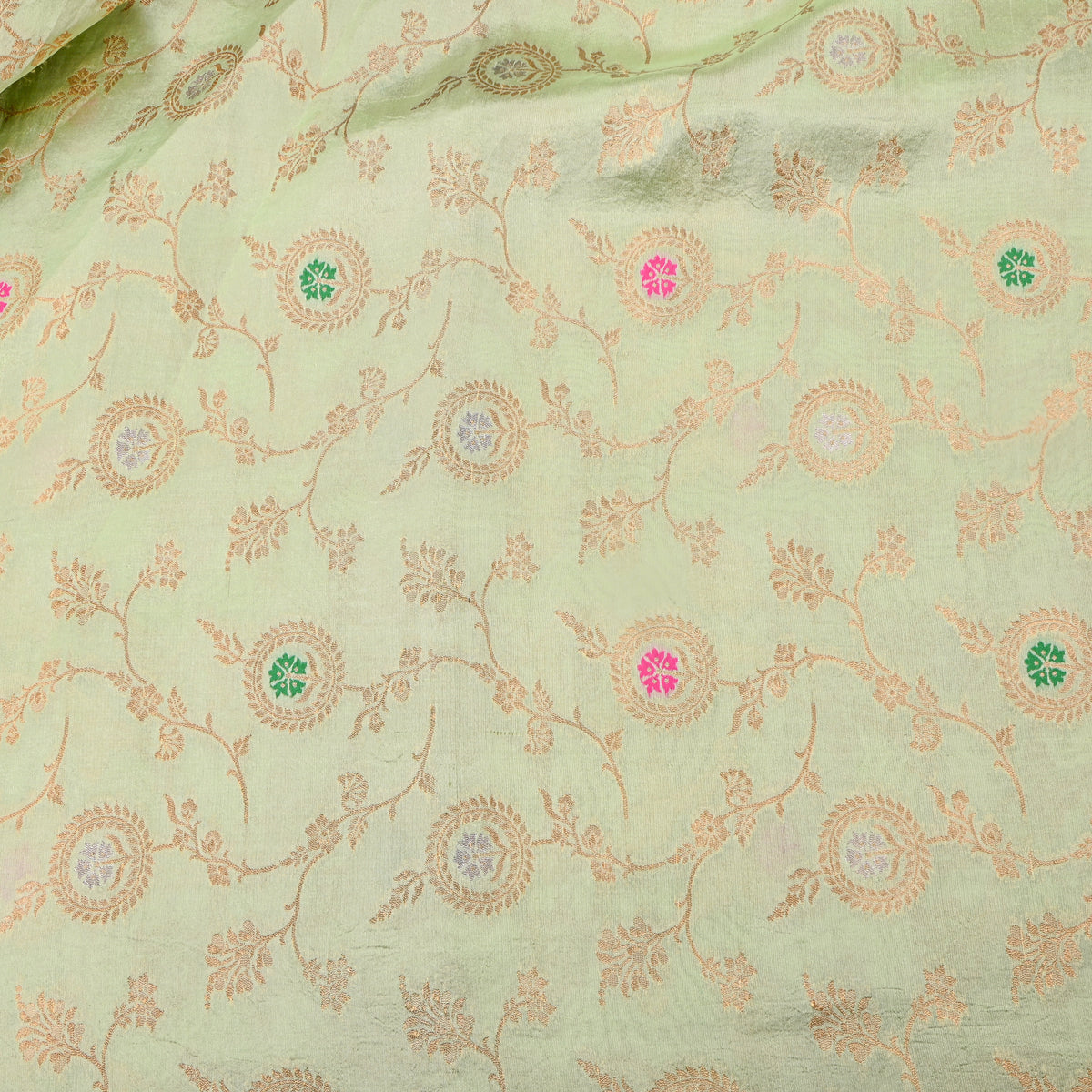 Pistachio Green Dual Tone Zari Meenakari Florl Weave Banarasi Silk Fabric