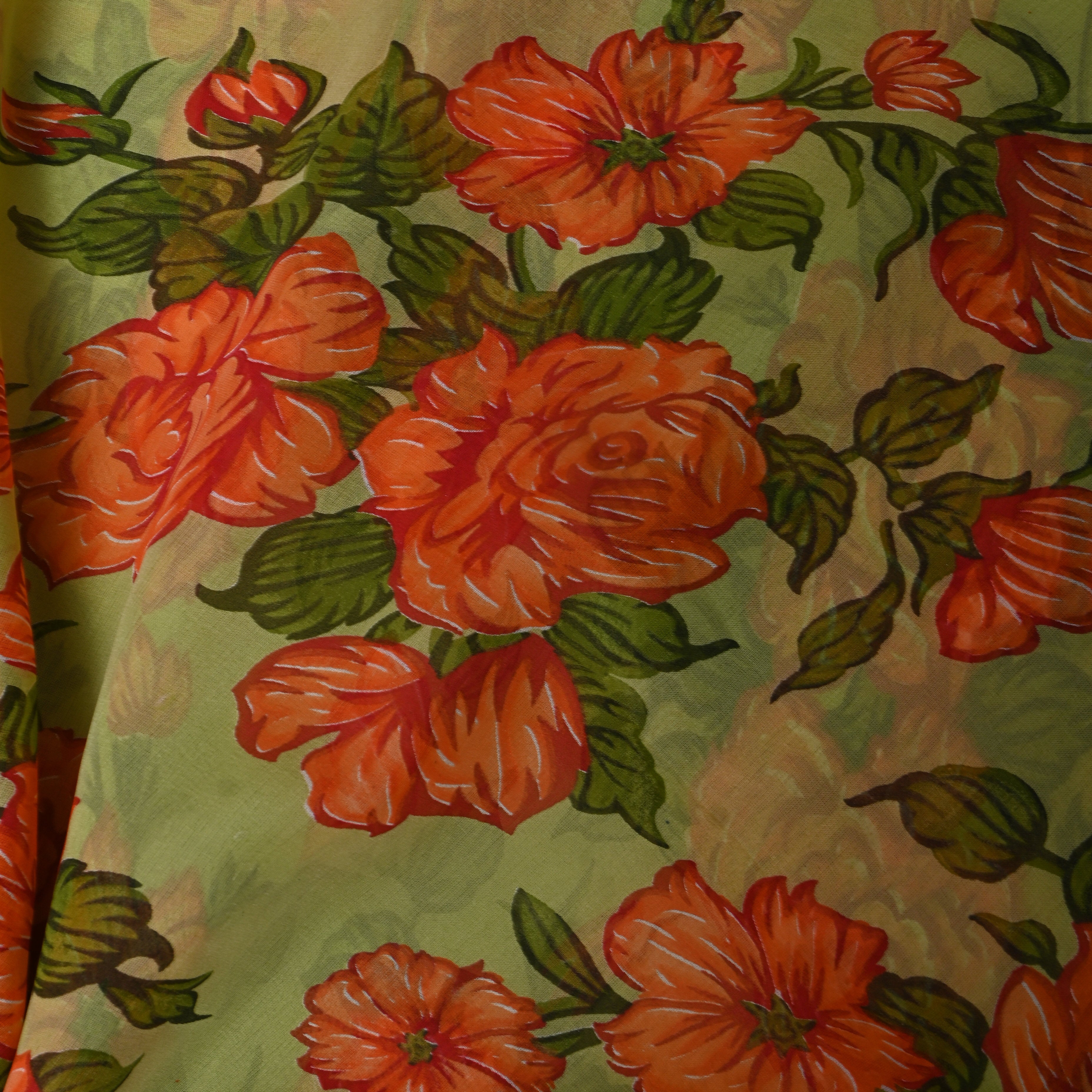 Pistachio Green Chiffon Printed Fabric With Coral Orange Floral Design
