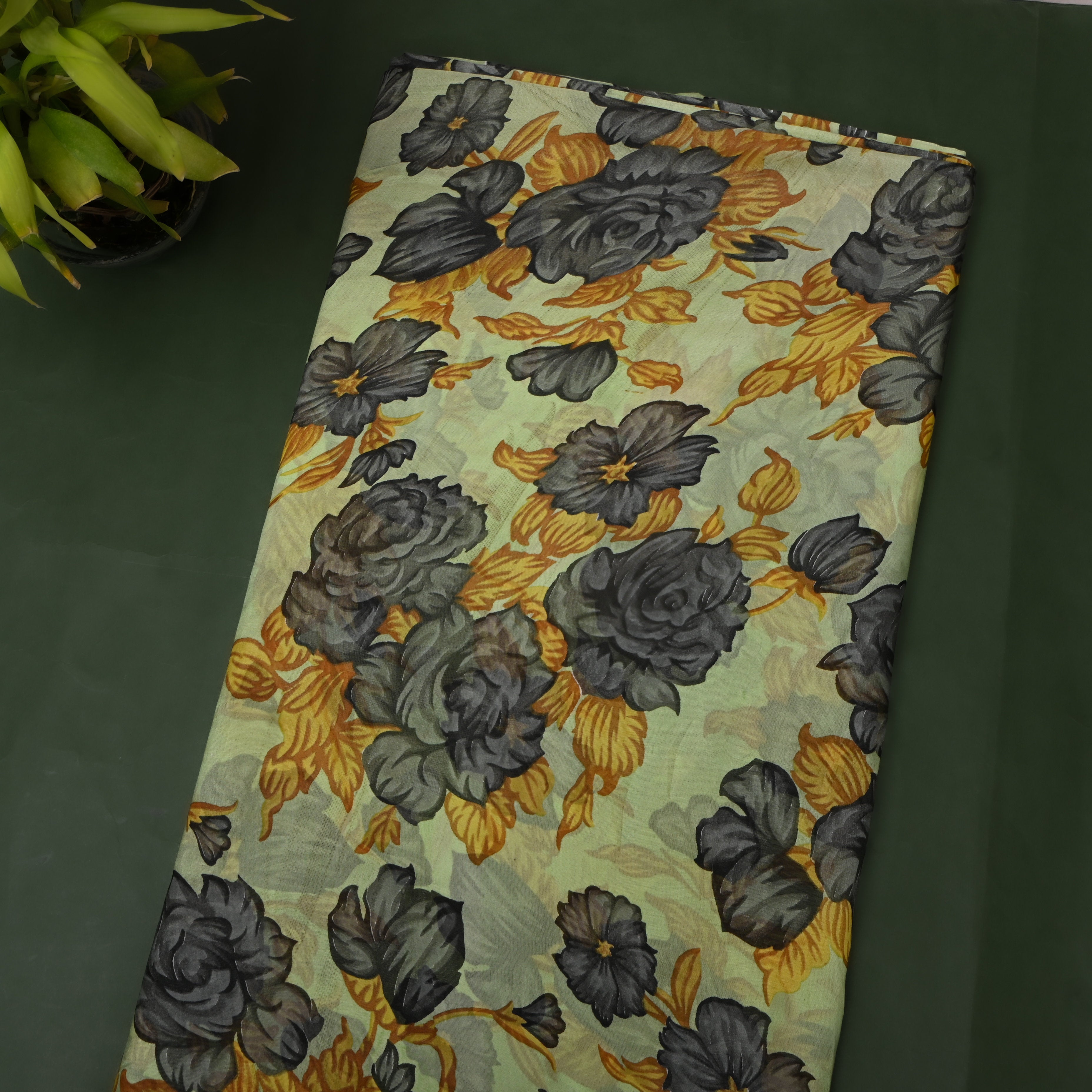 Light Sage Green Chiffon Printed Fabric With Charcoal Grey Floral Design