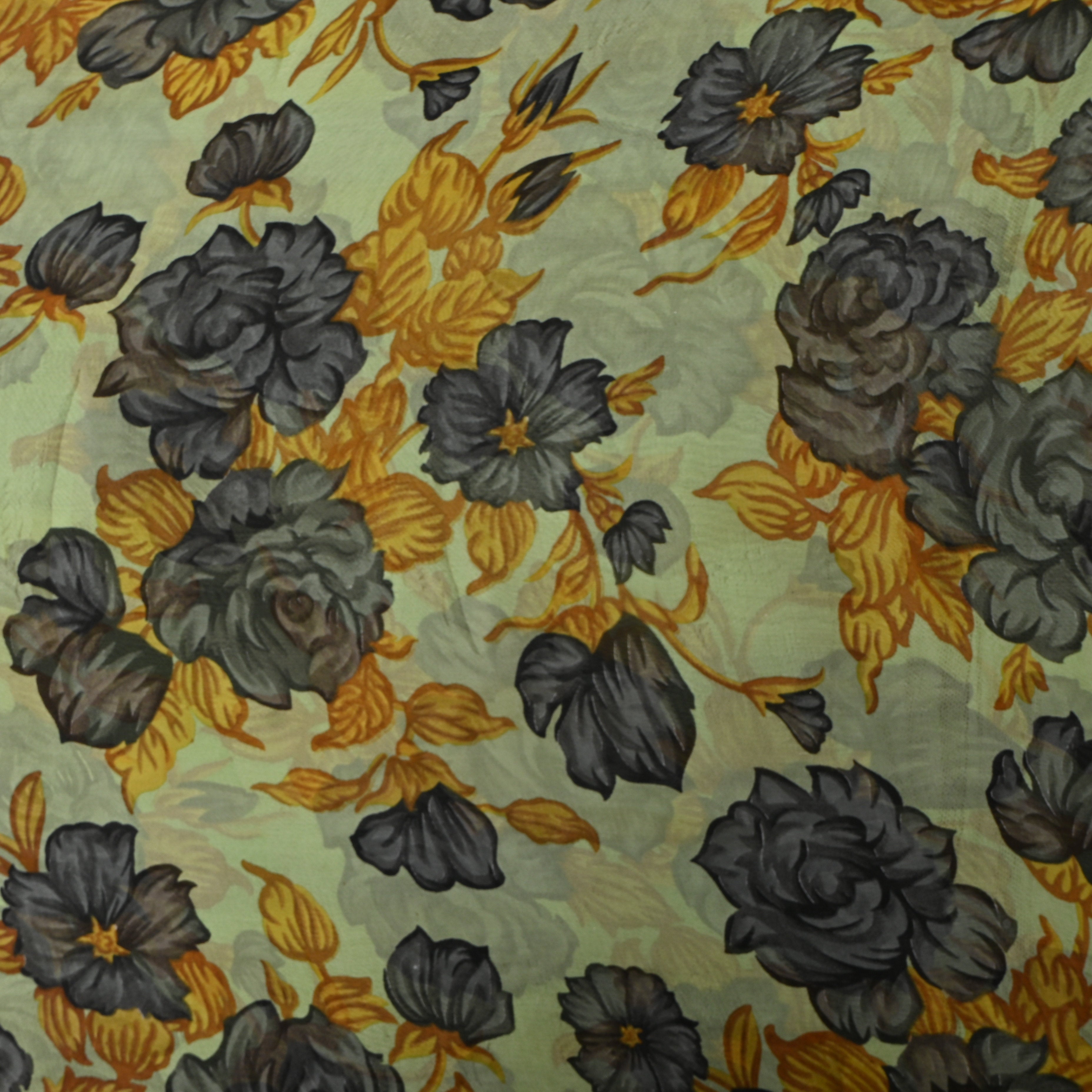 Light Sage Green Chiffon Printed Fabric With Charcoal Grey Floral Design