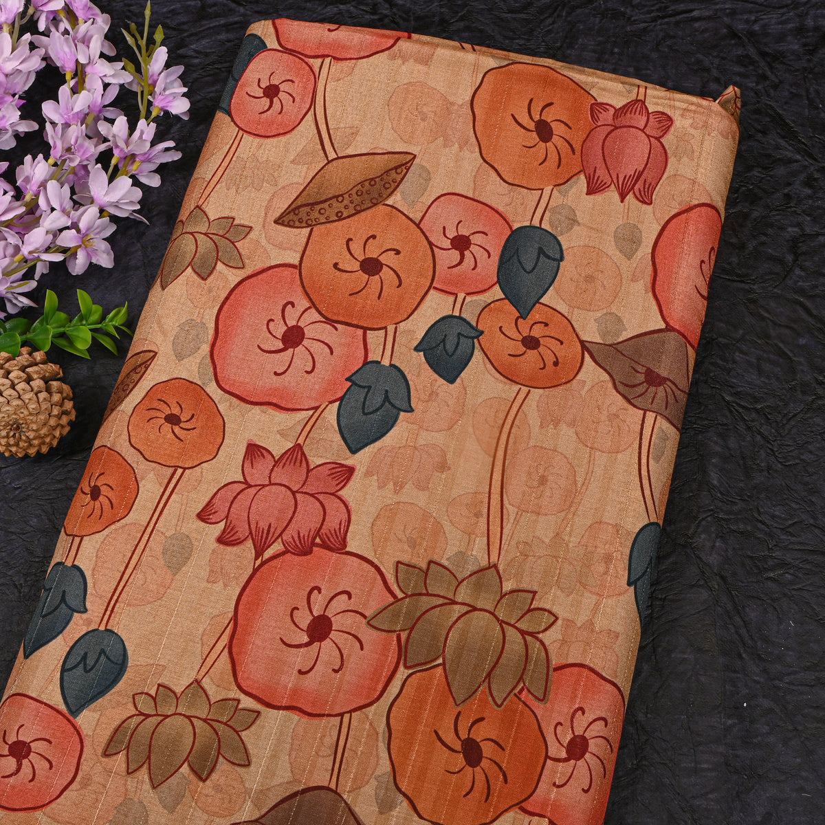 Camel Beige Lotus Pond Kalamkari Pen Print Dupion Silk Fabric