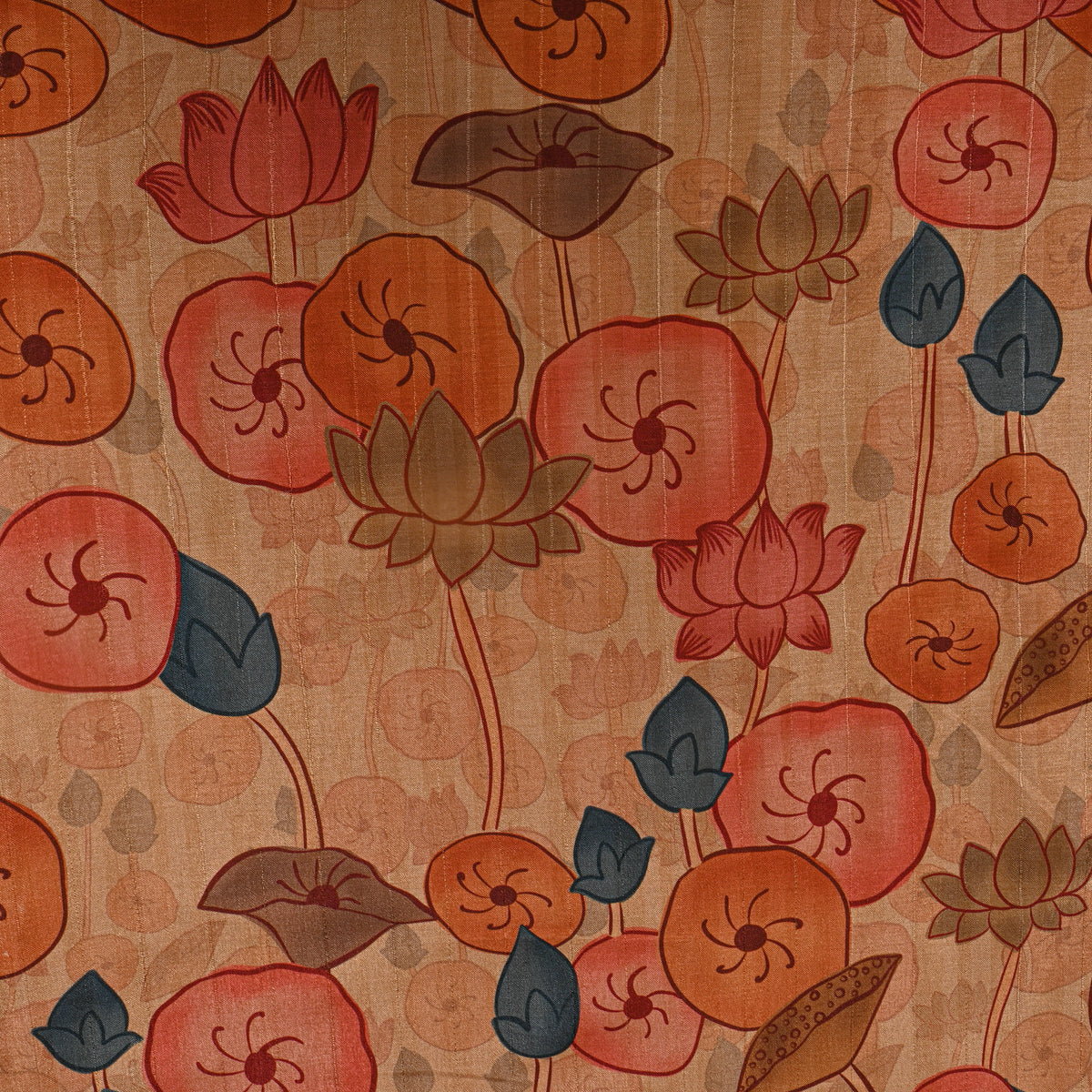 Camel Beige Lotus Pond Kalamkari Pen Print Dupion Silk Fabric
