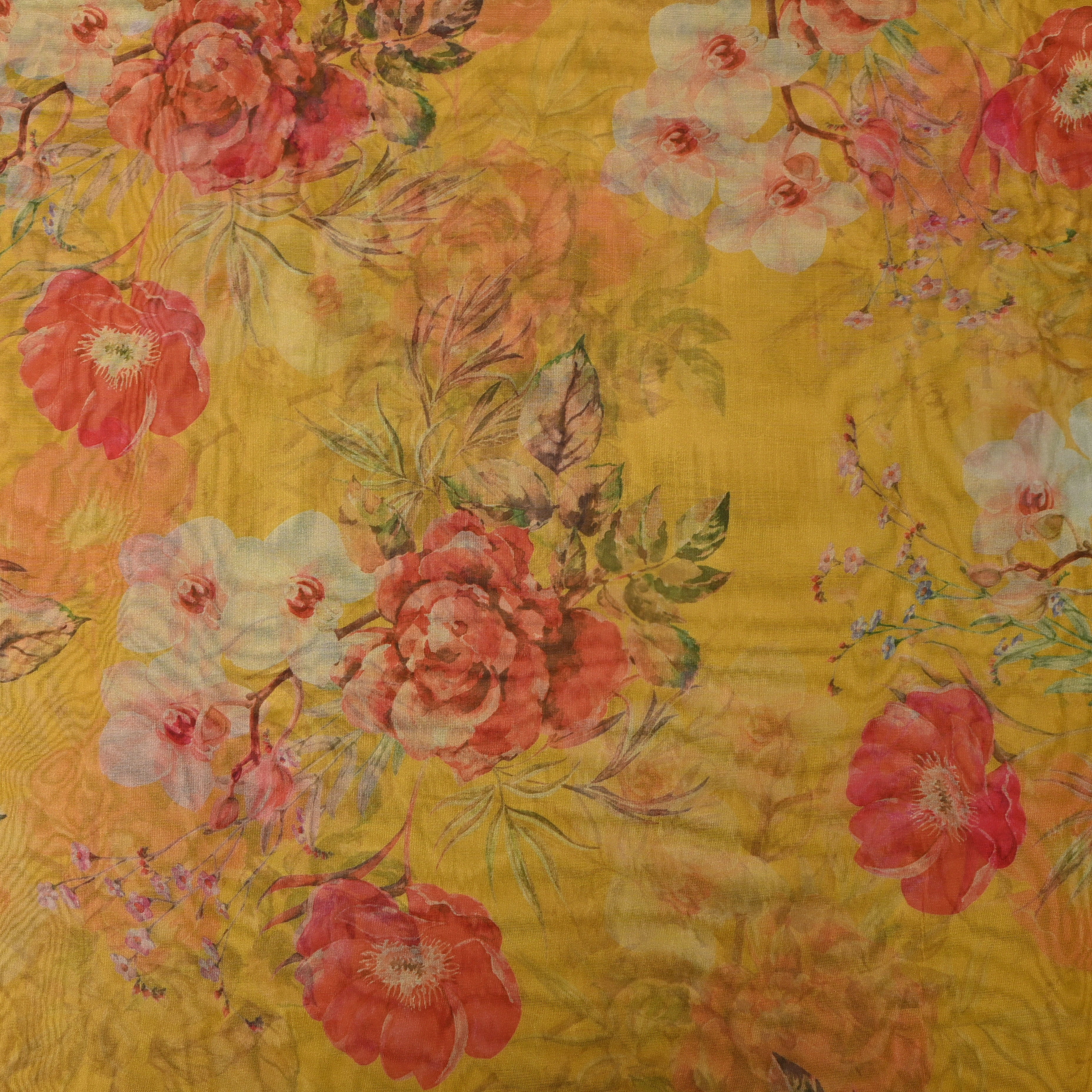 Amber Gold Rose Print Organza Fabric