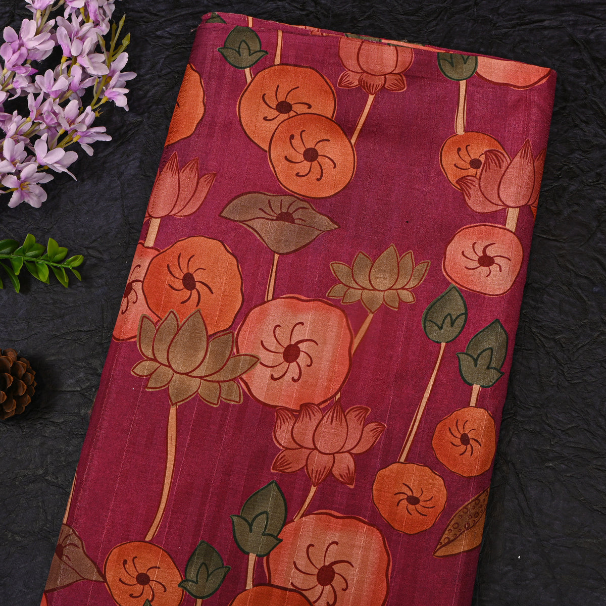 Mulberry Wine Lotus Bud Kalamkari Pen Digital Print Dupion Silk Fabric