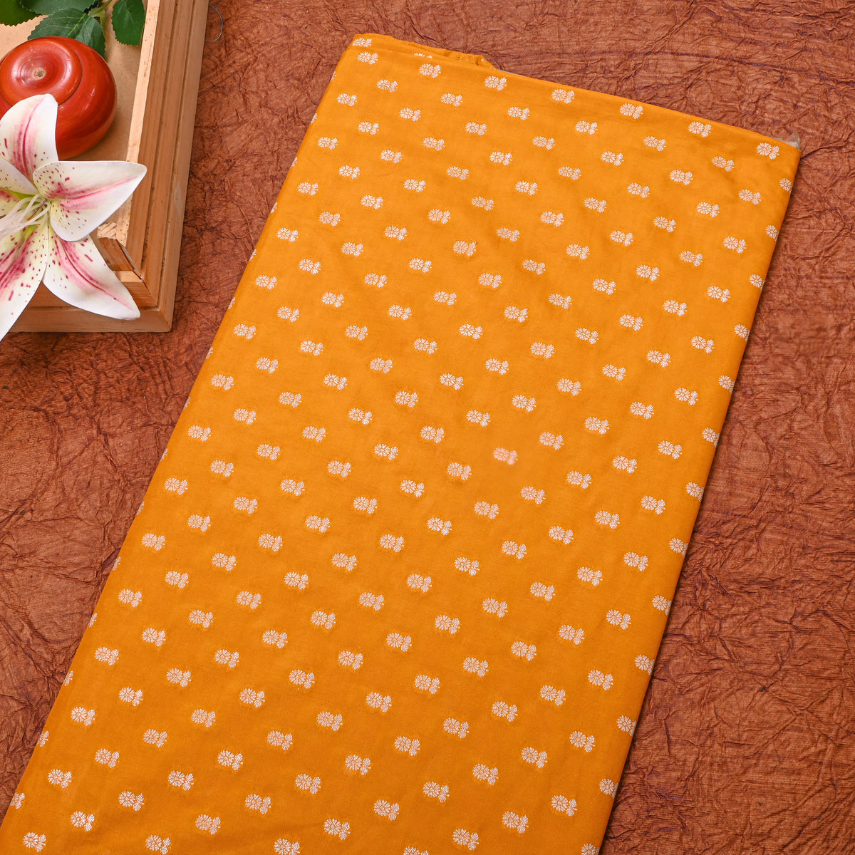 Sun Orange With Silver Zari Floral Butti Banasari Silk Fabric