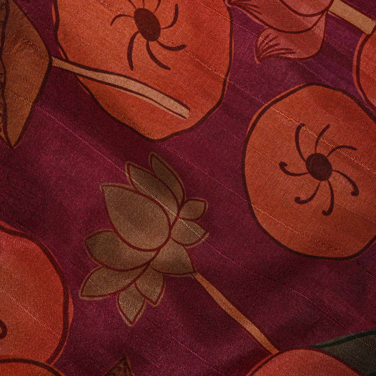 Mulberry Wine Lotus Bud Kalamkari Pen Digital Print Dupion Silk Fabric
