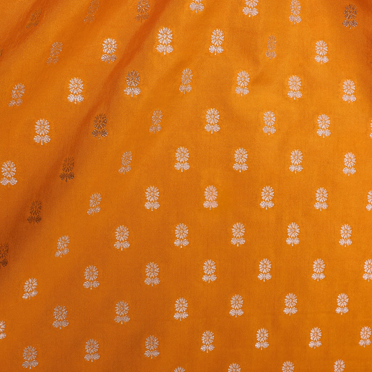 Sun Orange With Silver Zari Floral Butti Banasari Silk Fabric