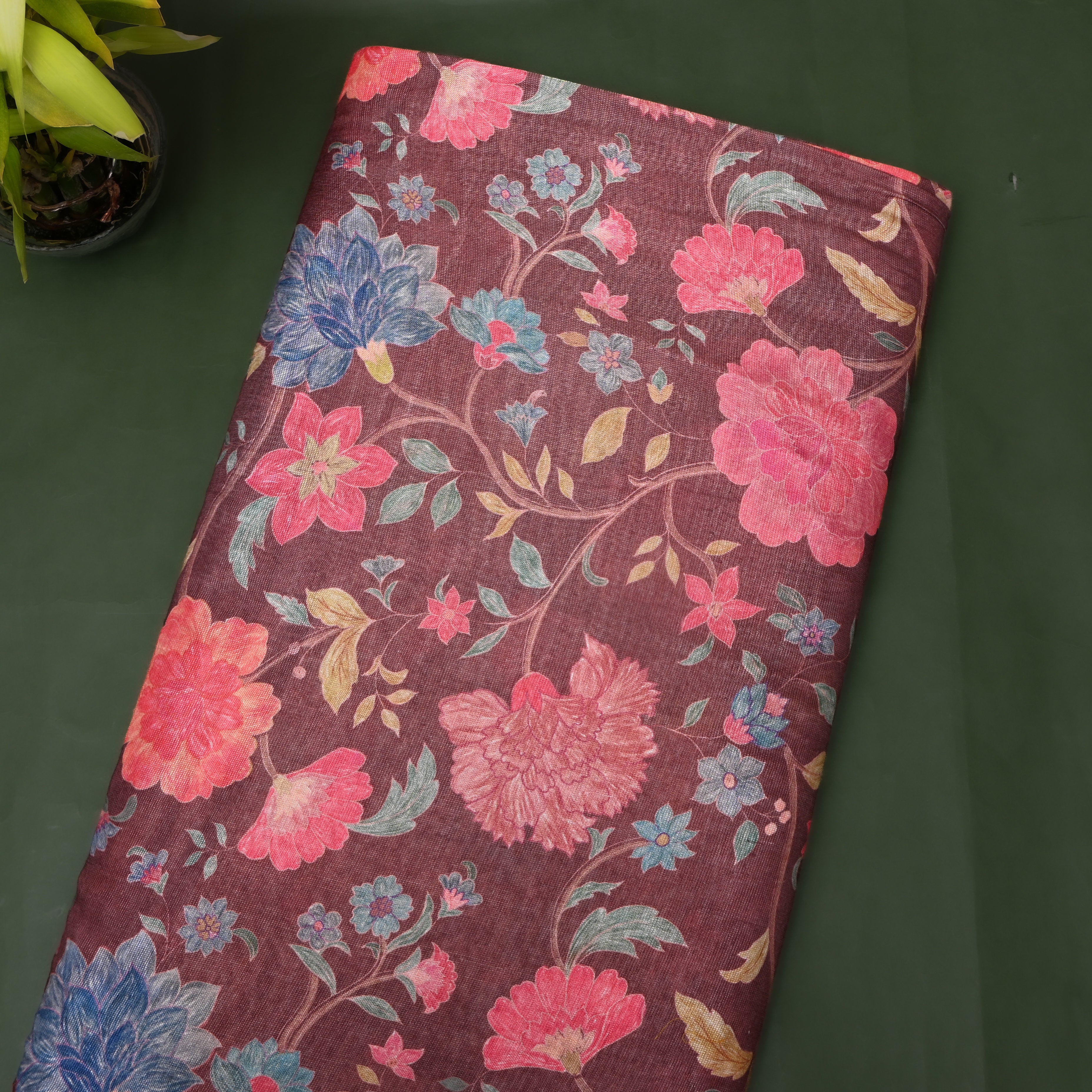 Wine Brown Botanical Print Organza Tissue Fabric