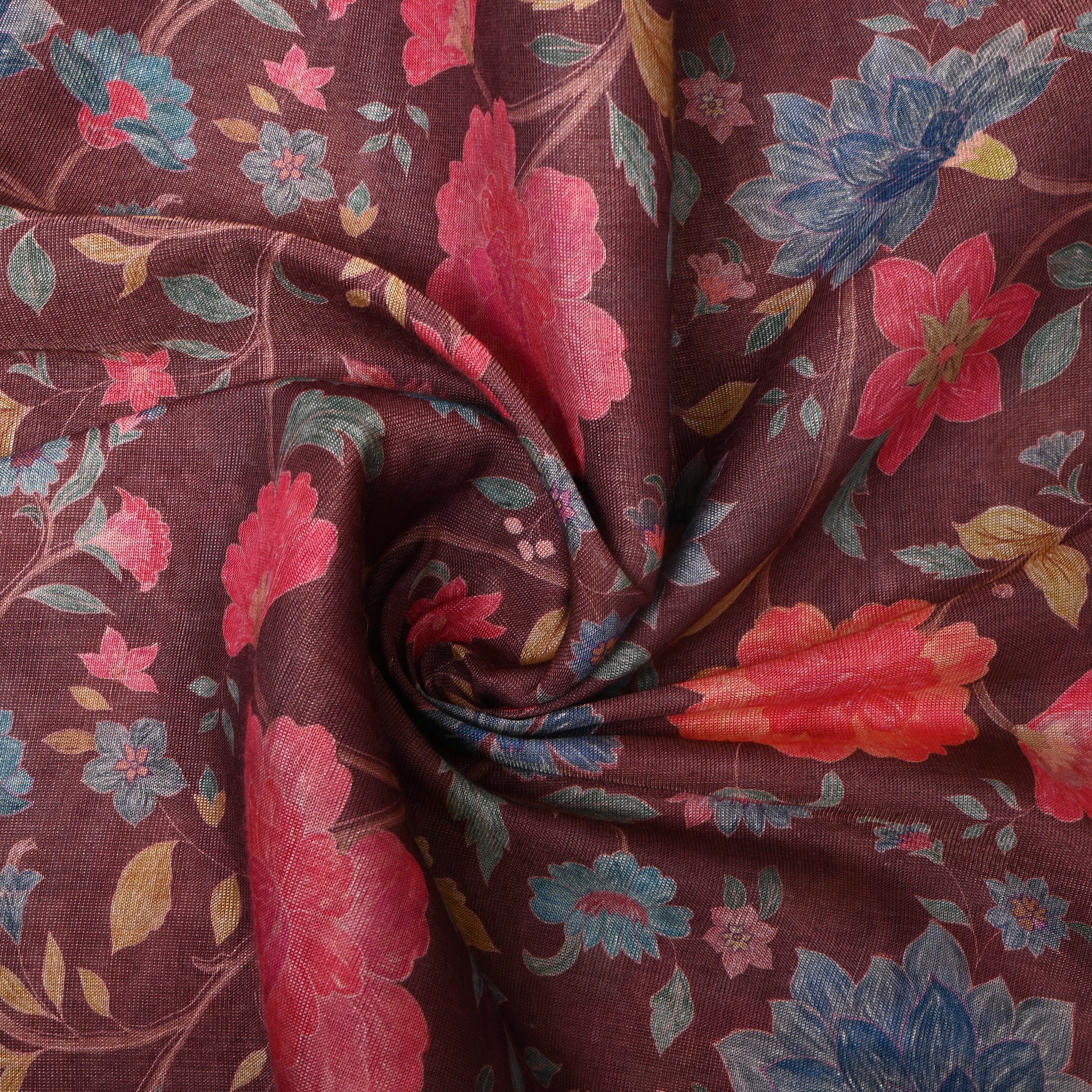 Wine Brown Botanical Print Organza Tissue Fabric