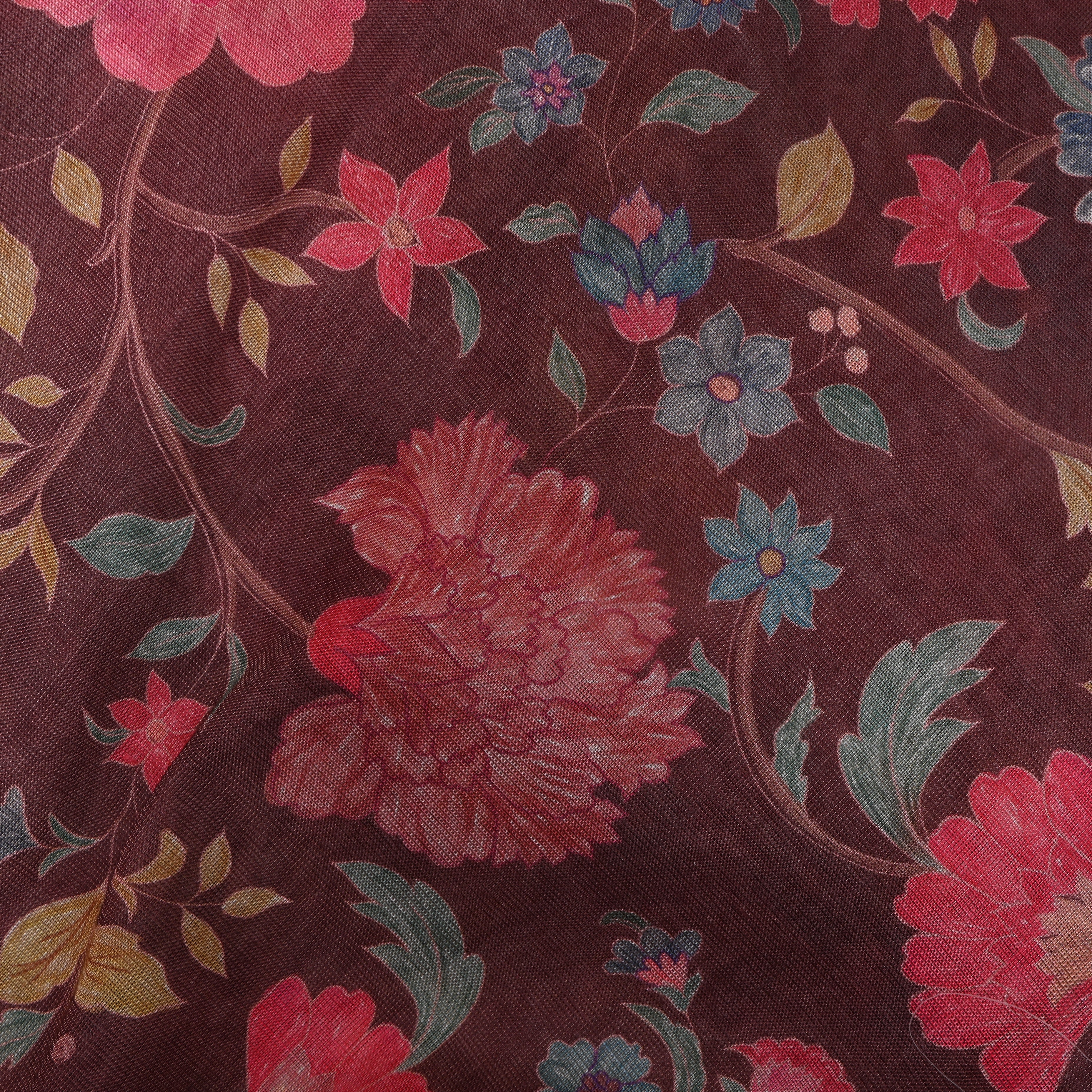 Wine Brown Botanical Print Organza Tissue Fabric