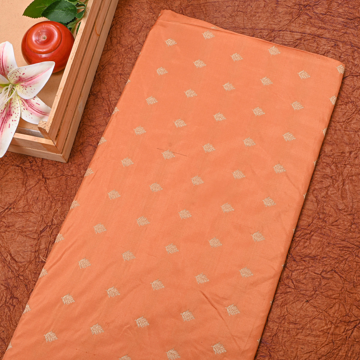 Fade Orange Gold Zari Butti Motif Banarasi Silk Fabric