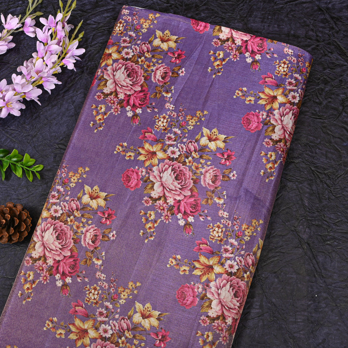 Royal Purple Floral Bouquet Tissue Fabric With Gold Border