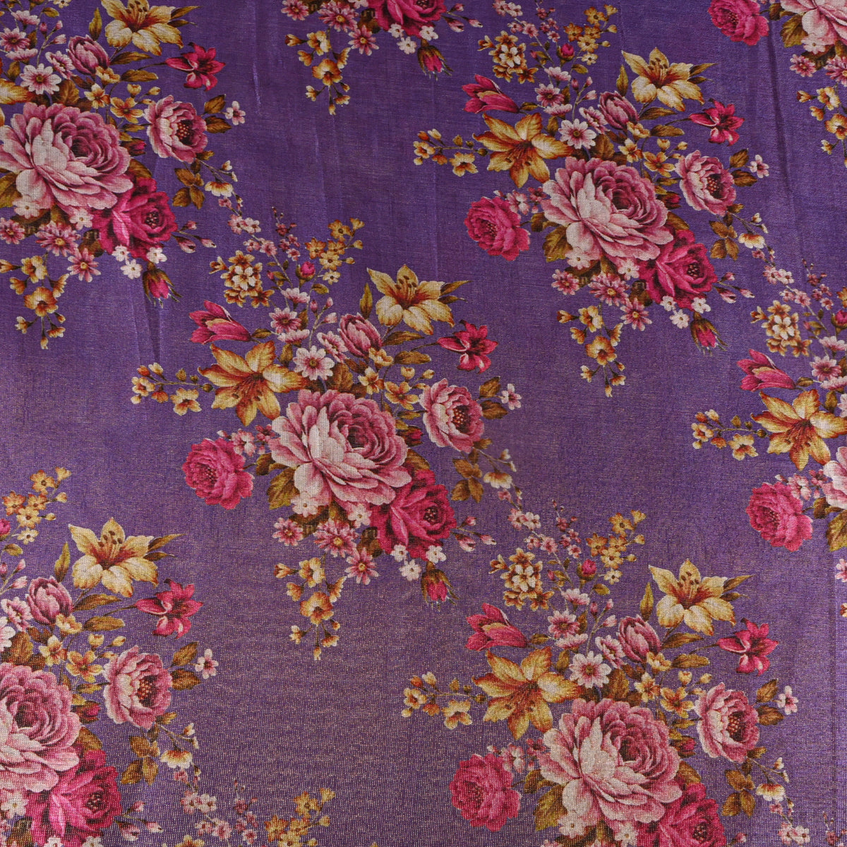 Royal Purple Floral Bouquet Tissue Fabric With Gold Border