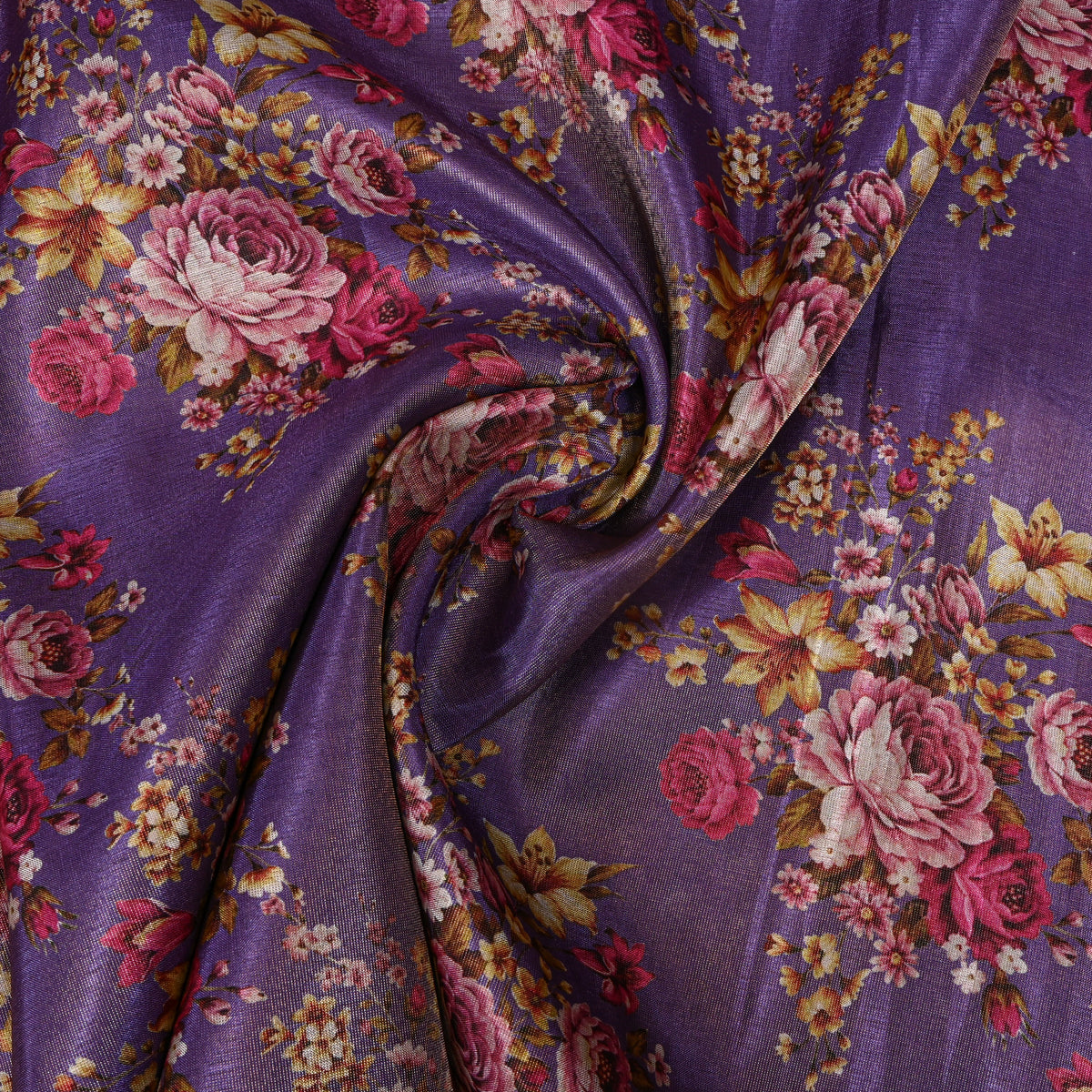 Royal Purple Floral Bouquet Tissue Fabric With Gold Border