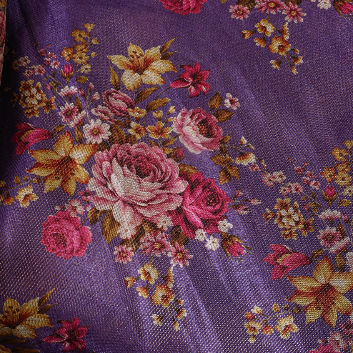 Royal Purple Floral Bouquet Tissue Fabric With Gold Border