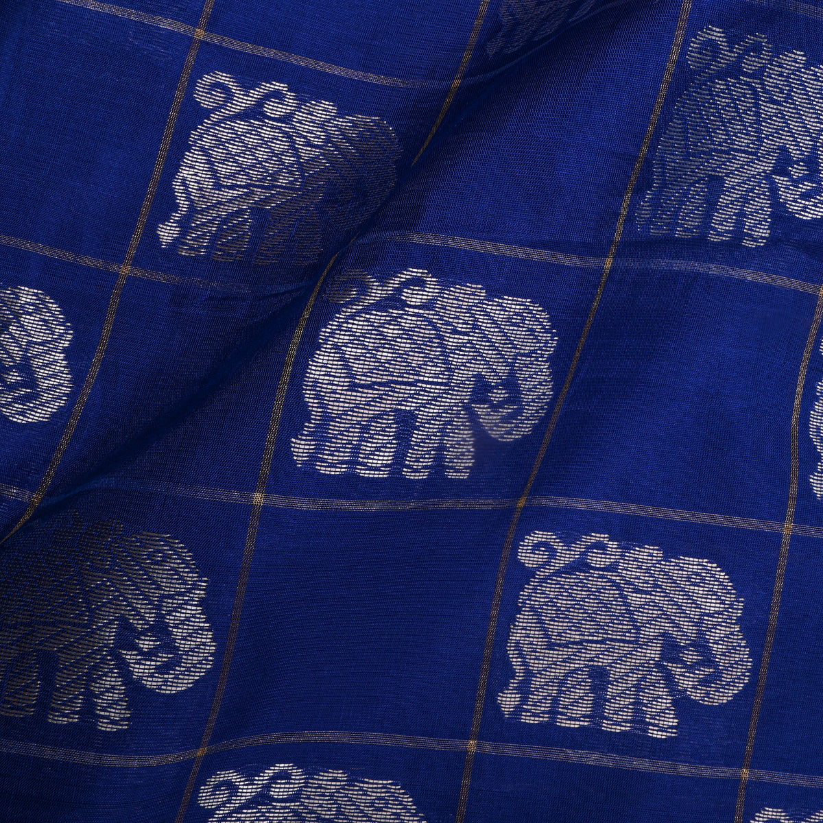 Cobalt Blue Silver Elephant Check Self Weave Banarasi Silk Fabric